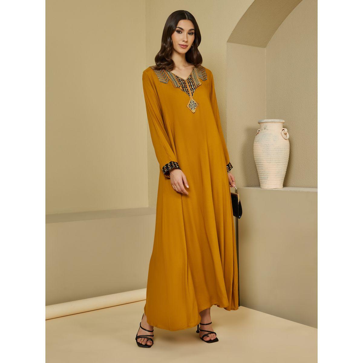 Amirah X Styli Embroidered Patch Work V Neck Jalabiya-women-arabicclothing-jalabiyas-image-1