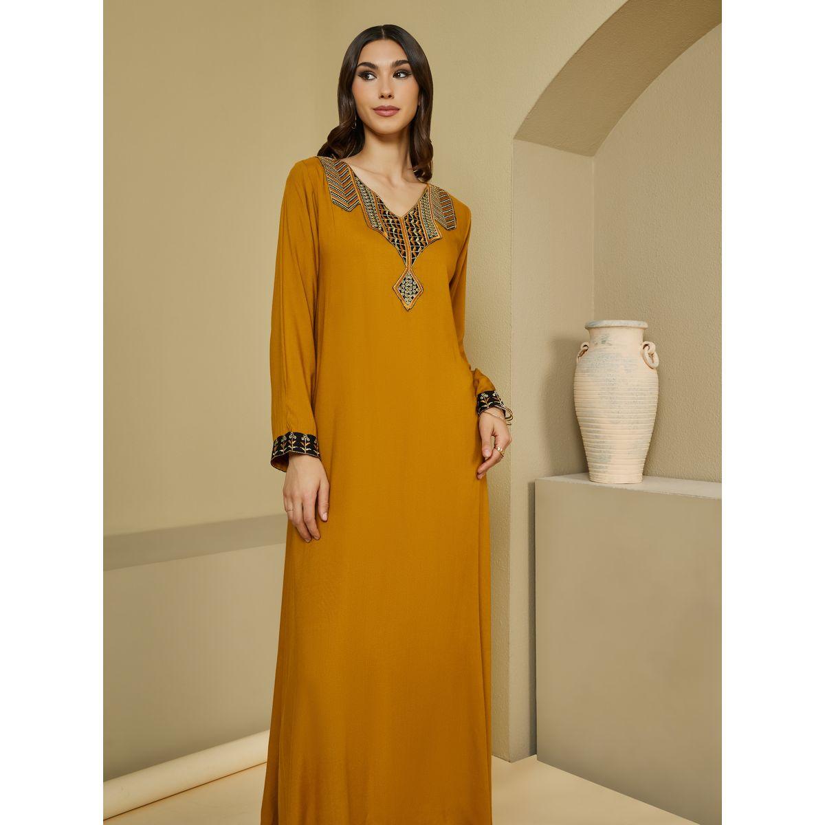 Amirah X Styli Embroidered Patch Work V Neck Jalabiya-women-arabicclothing-jalabiyas-image-2