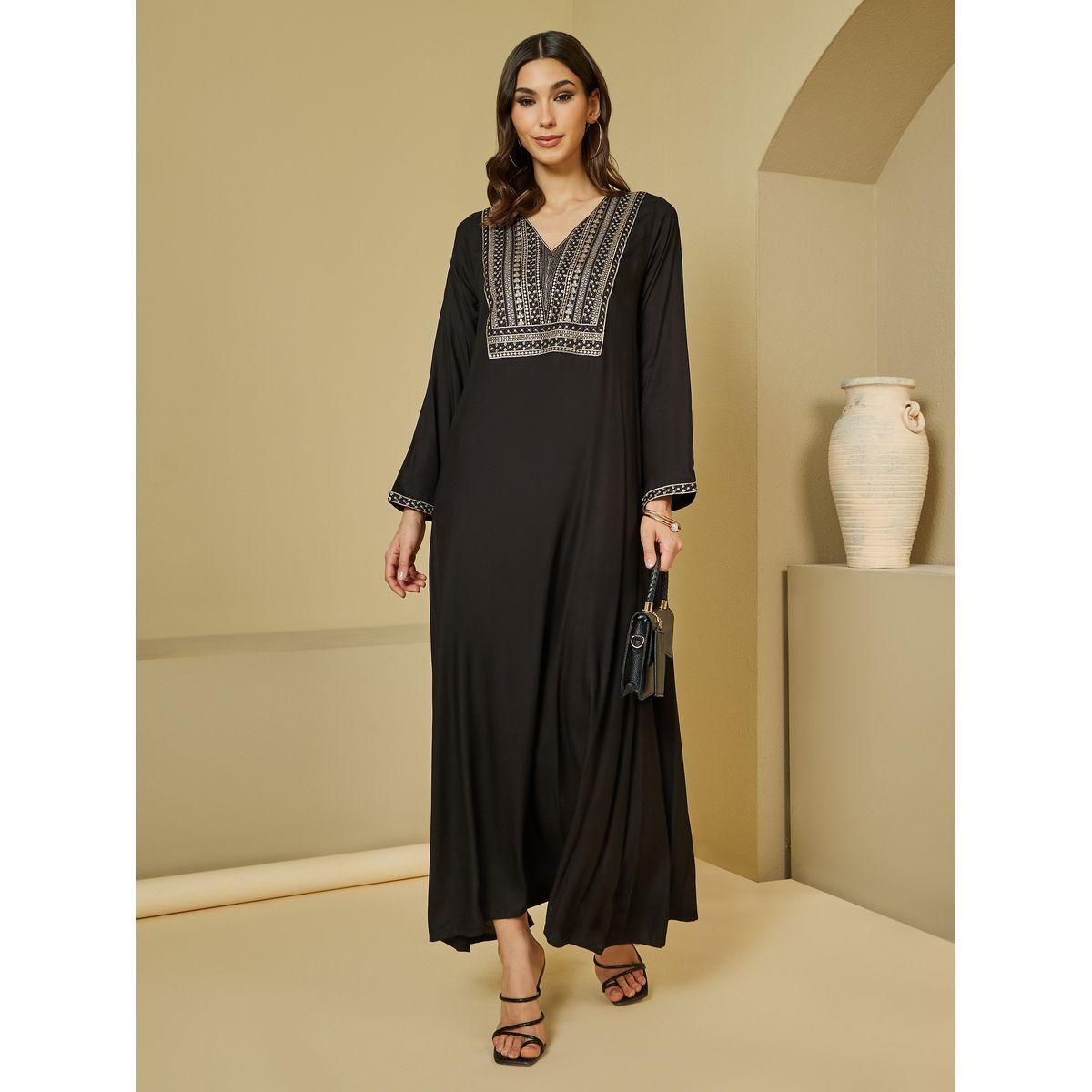 Amirah X Styli Embroidered V Neck Jalabiya-women-arabicclothing-jalabiyas-image-1