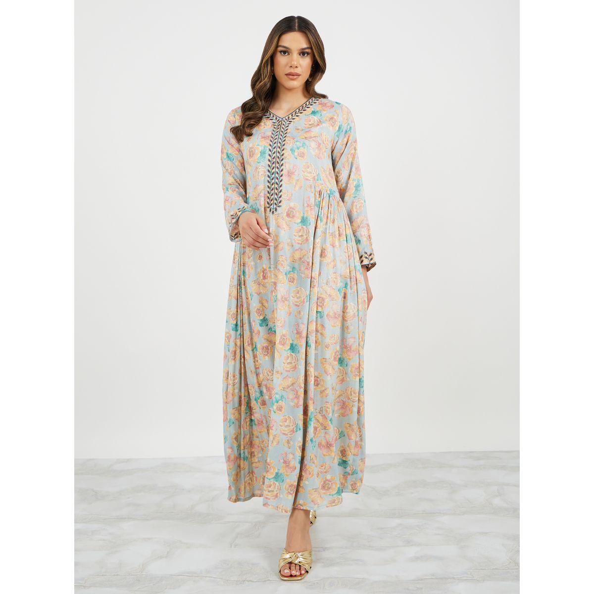 Styli Embroidered V Neck Jalabiya with Side Gathered Detail-women-arabicclothing-jalabiyas-image-2
