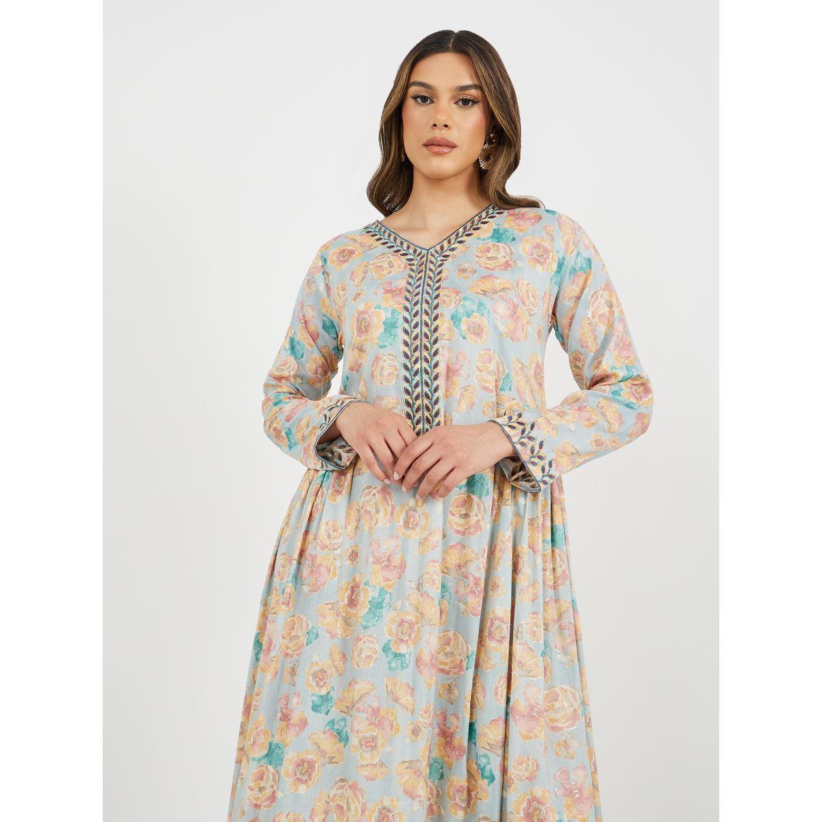Styli Embroidered V Neck Jalabiya with Side Gathered Detail-women-arabicclothing-jalabiyas-image-3