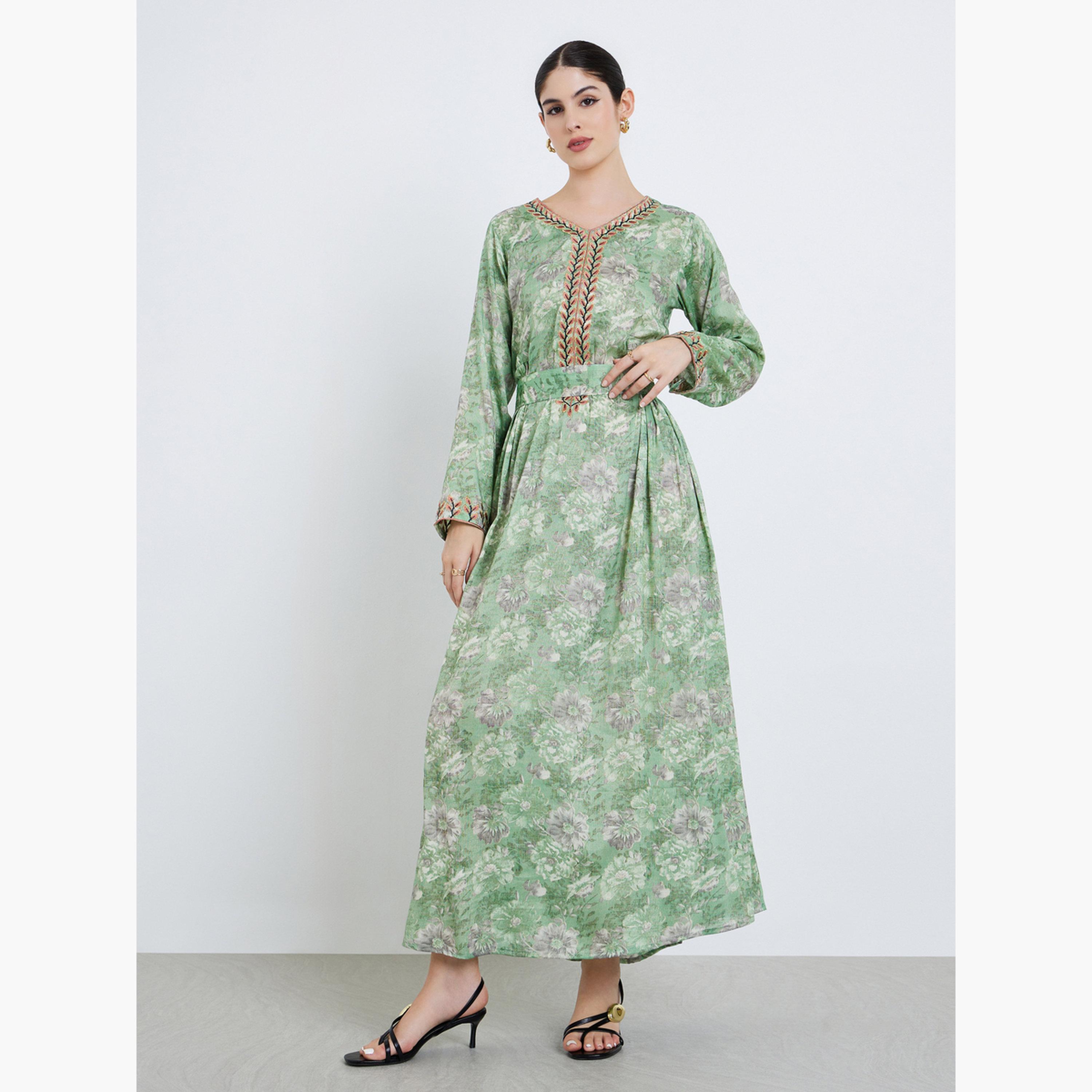 جلابية مطرزة بطبعة زهور-women-arabicclothing-jalabiyas-image-1