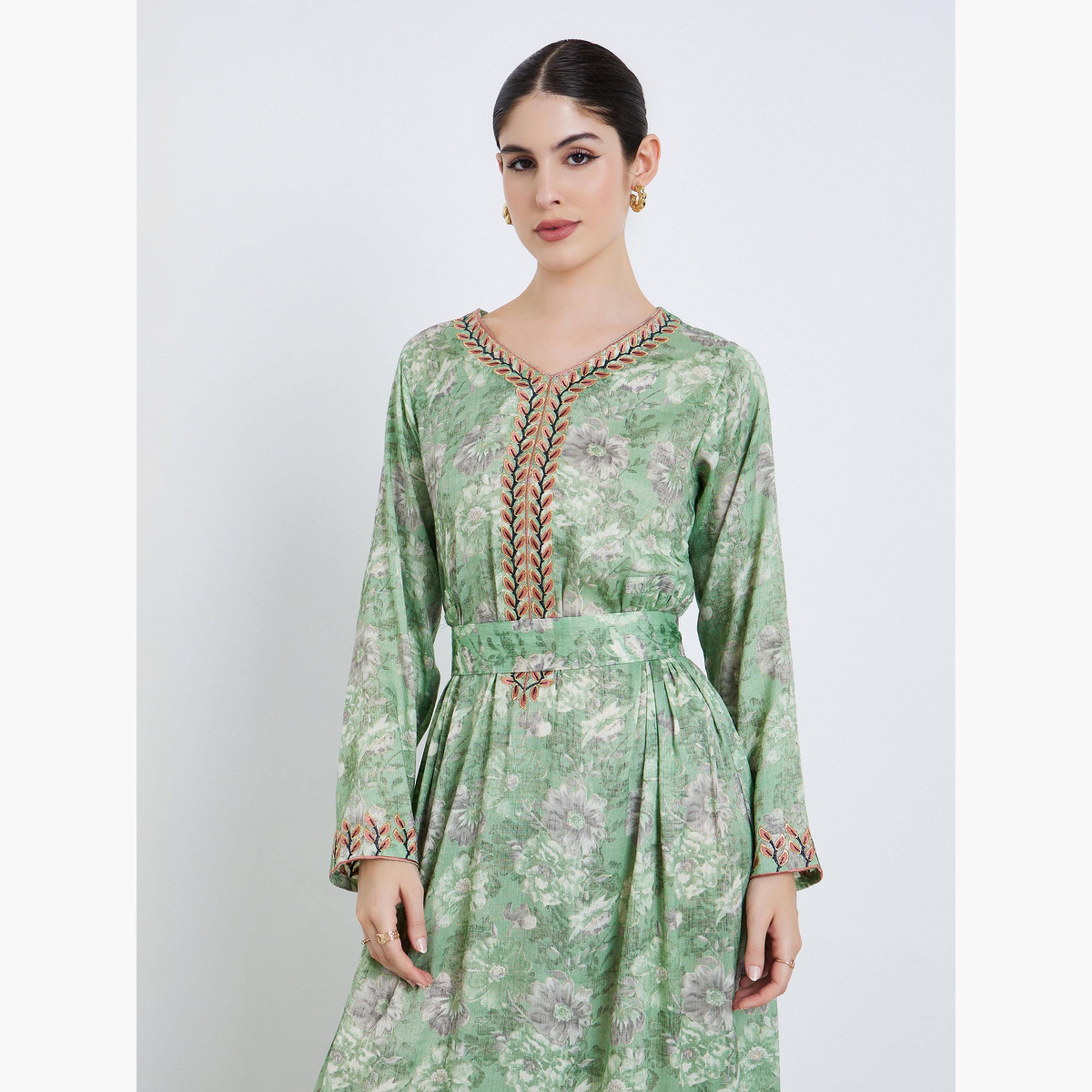 جلابية مطرزة بطبعة زهور-women-arabicclothing-jalabiyas-image-2