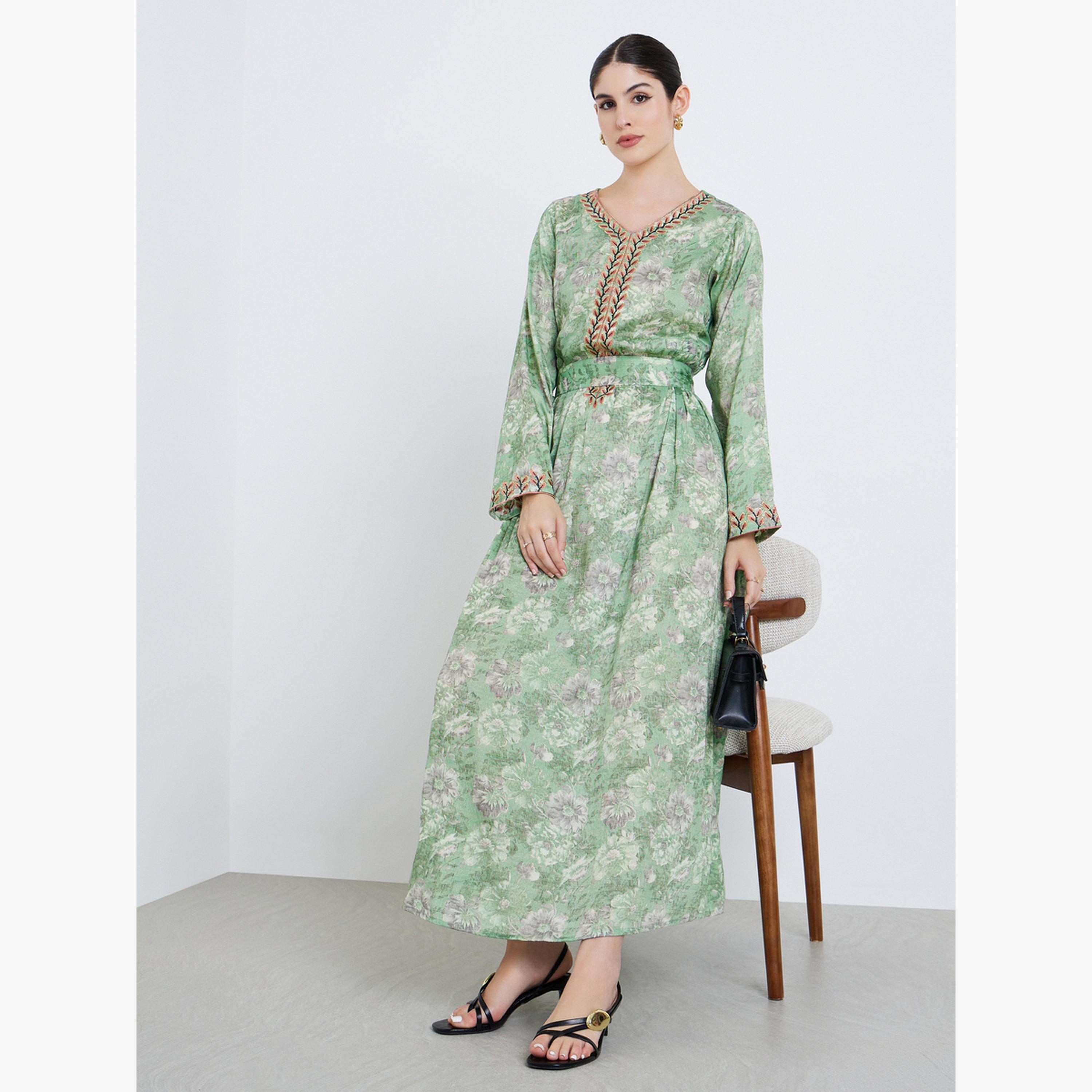 جلابية مطرزة بطبعة زهور-women-arabicclothing-jalabiyas-image-3