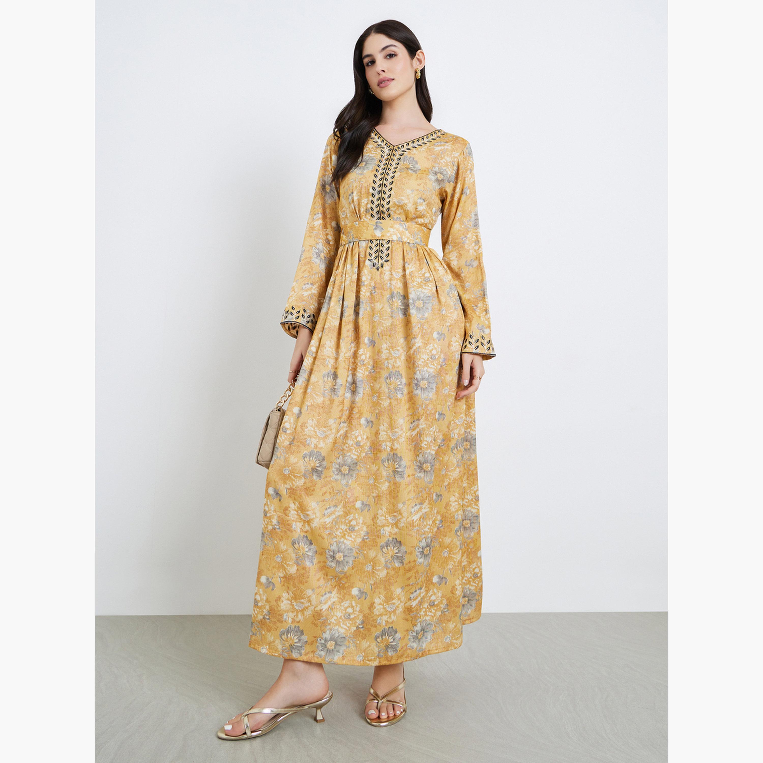 جلابية مطرزة بطبعة زهور-women-arabicclothing-jalabiyas-image-1