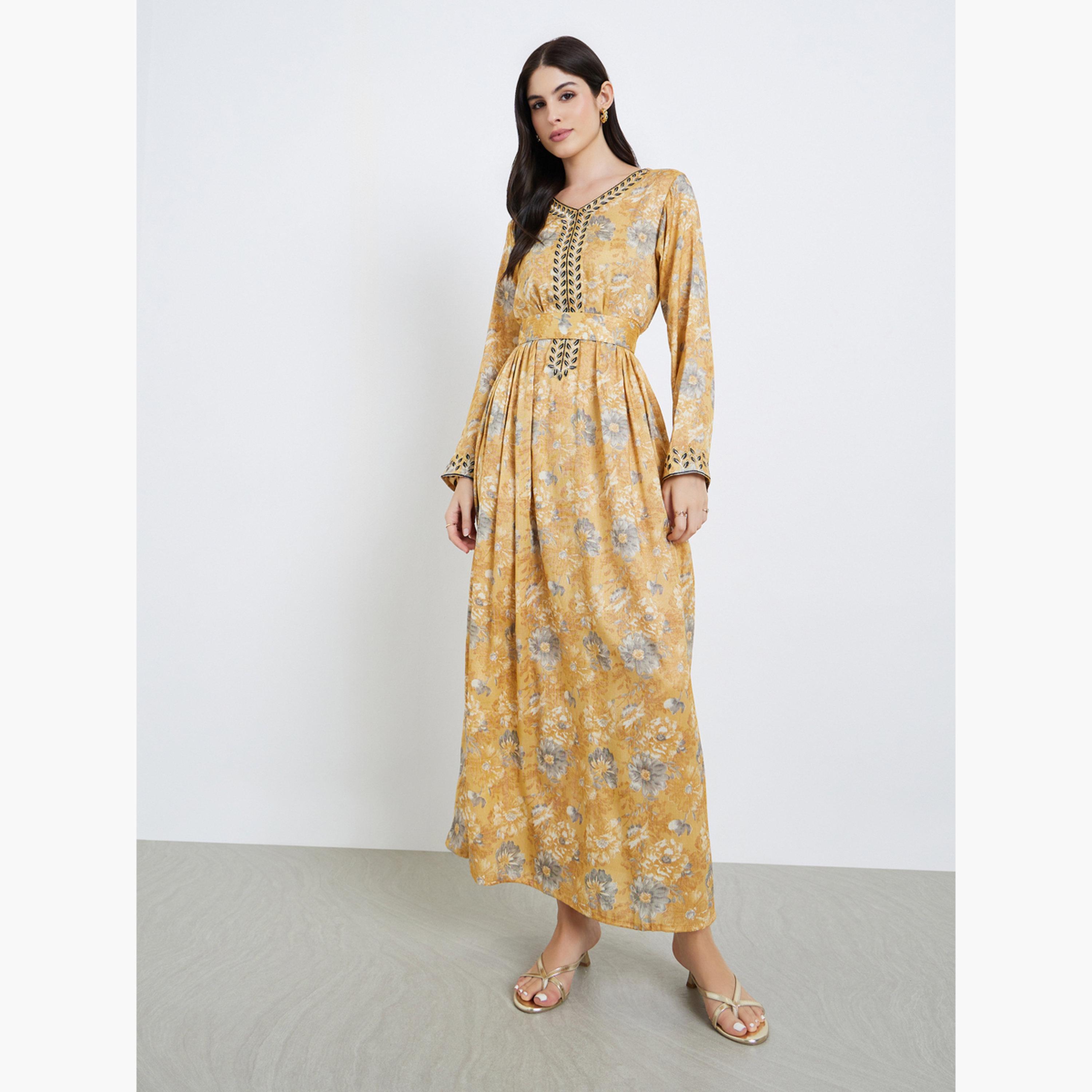 جلابية مطرزة بطبعة زهور-women-arabicclothing-jalabiyas-image-2