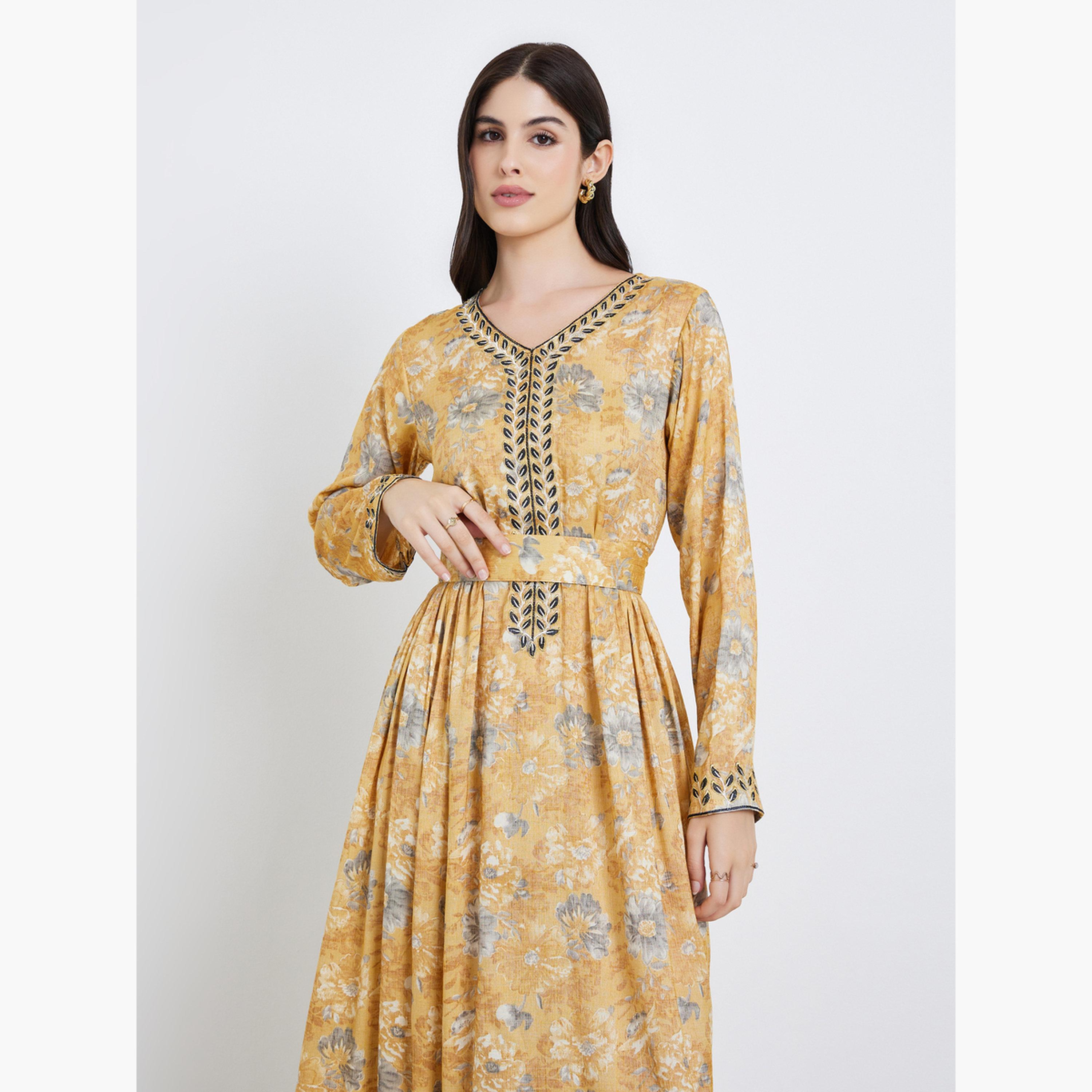 جلابية مطرزة بطبعة زهور-women-arabicclothing-jalabiyas-image-3