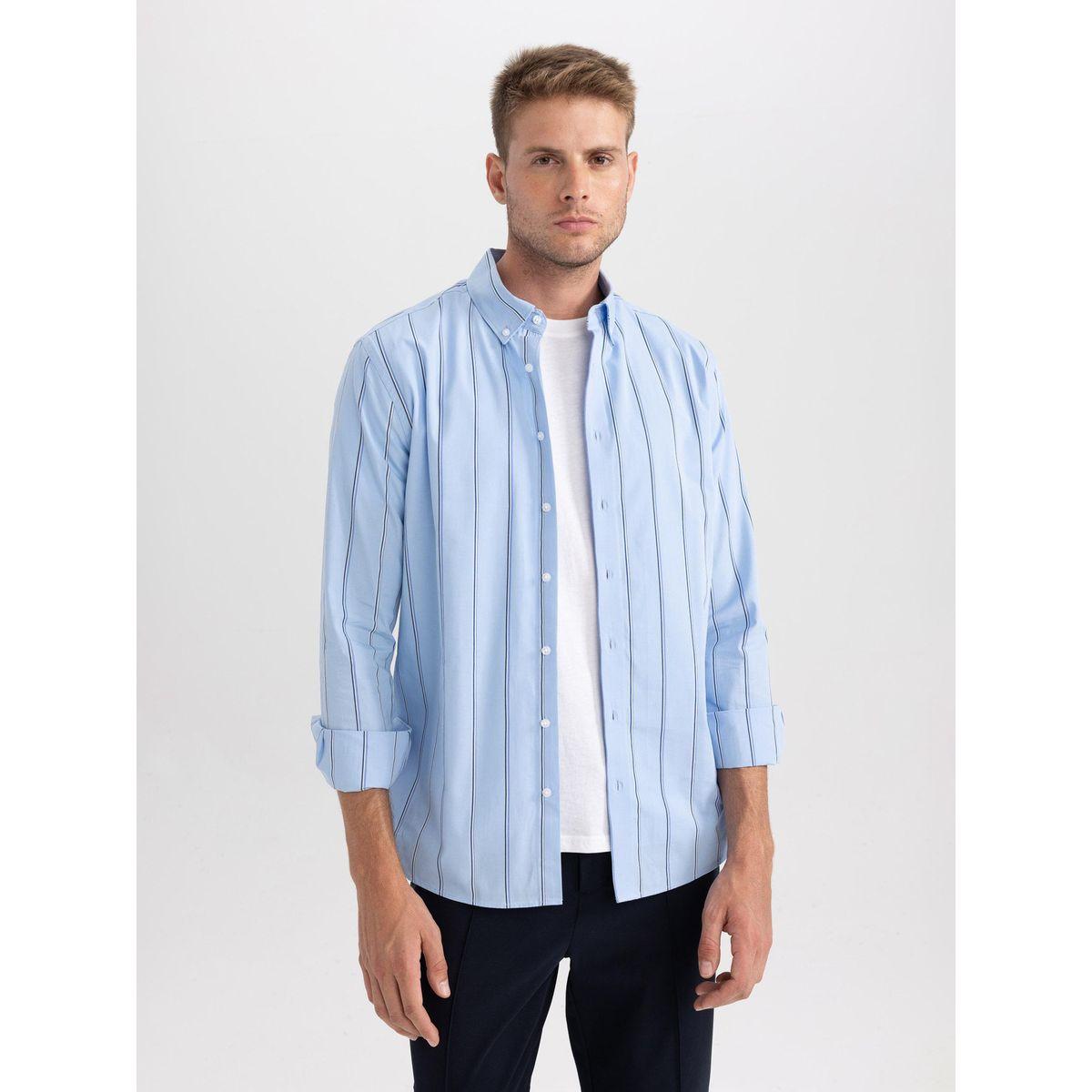 قميص مخطط منسوج بقصة مودرن وأكمام طويلة ديفاكتو × ستايلي-men-clothing-shirts-image-1