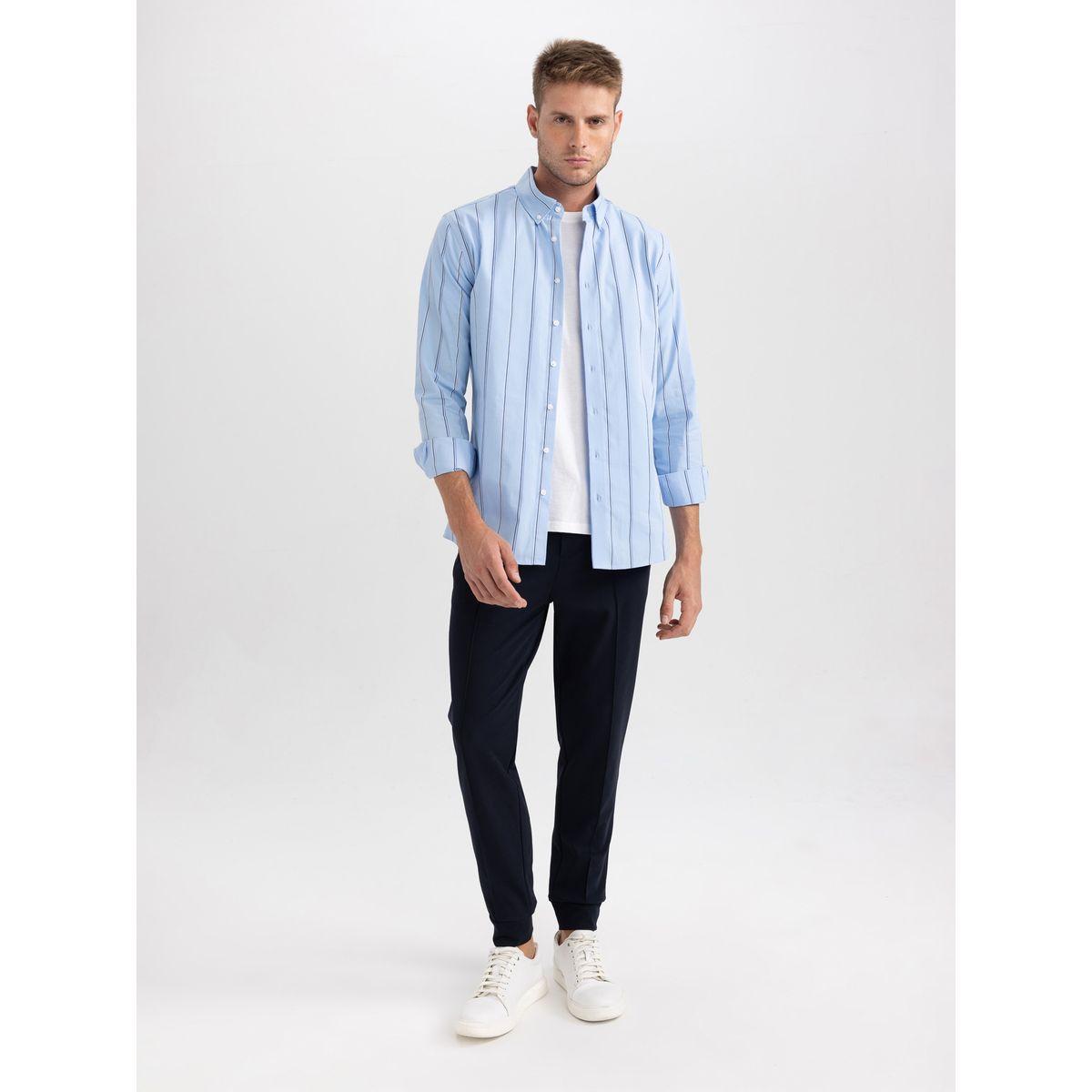 قميص مخطط منسوج بقصة مودرن وأكمام طويلة ديفاكتو × ستايلي-men-clothing-shirts-image-2