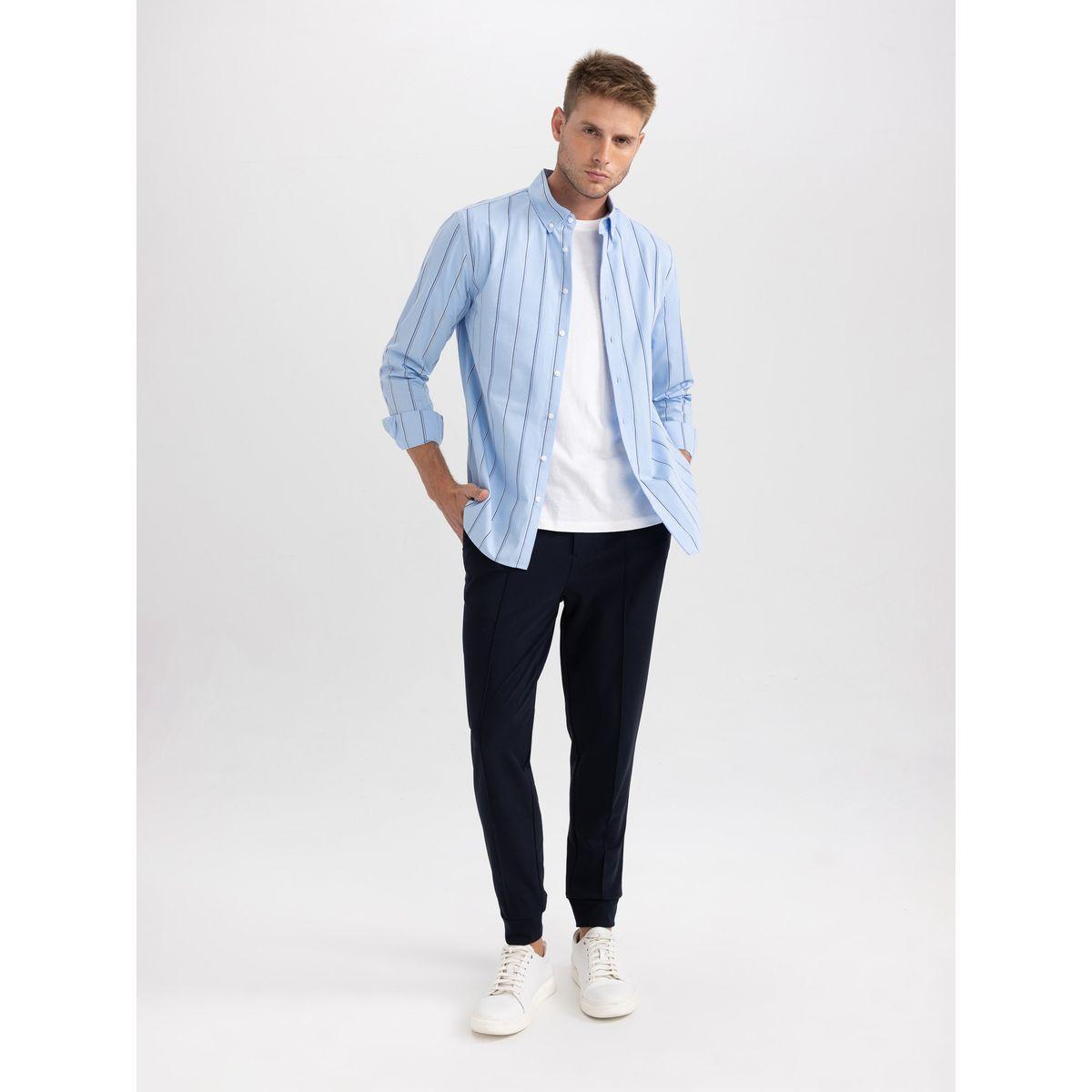 قميص مخطط منسوج بقصة مودرن وأكمام طويلة ديفاكتو × ستايلي-men-clothing-shirts-image-3