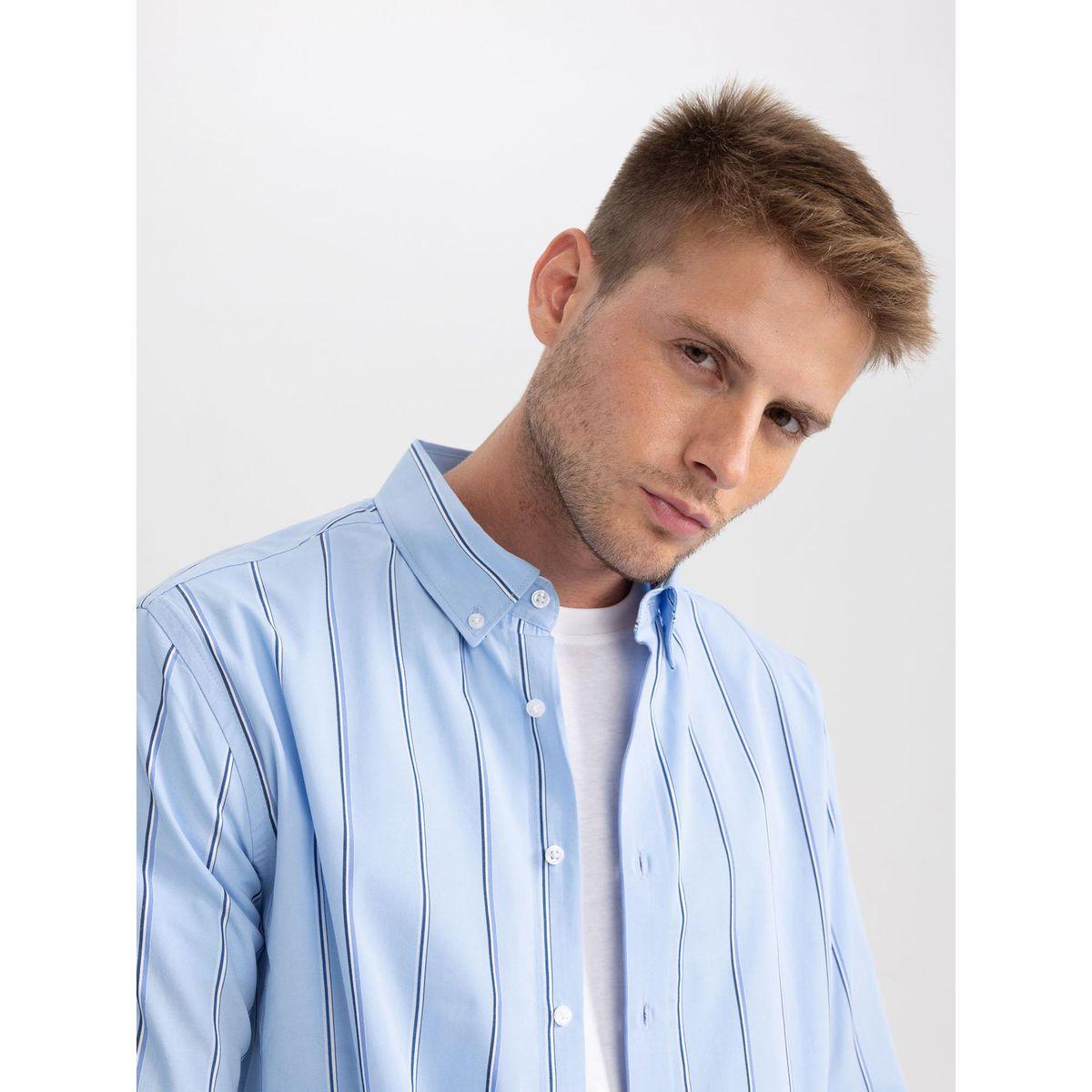 قميص مخطط منسوج بقصة مودرن وأكمام طويلة ديفاكتو × ستايلي-men-clothing-shirts-image-5