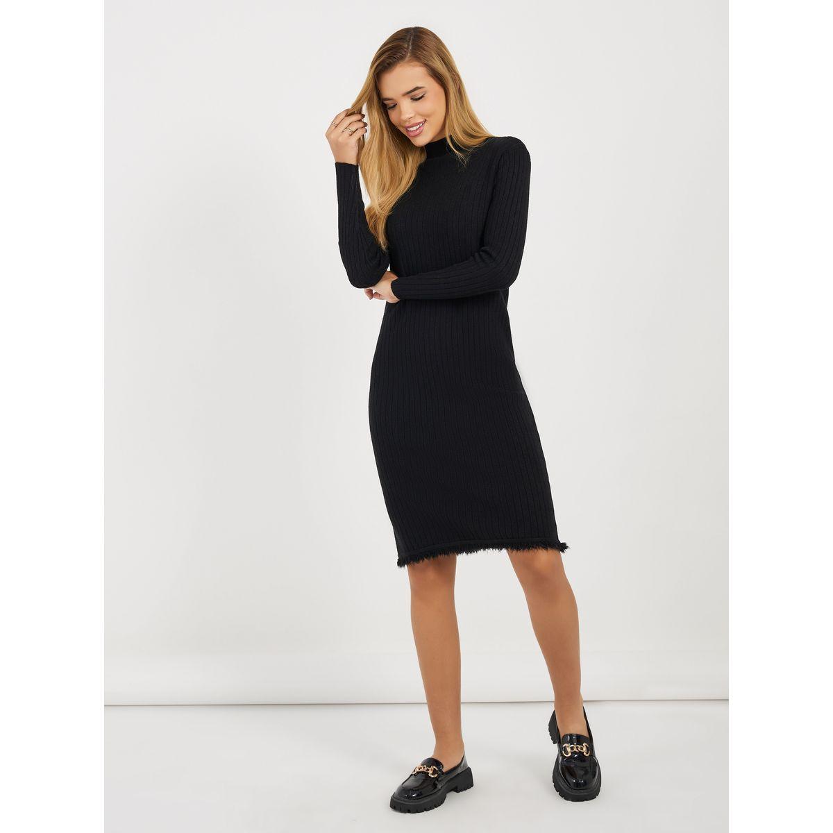 فستان سادة بطول الركبة وتفاصيل مضلعة-women-clothing-dresses-image-1