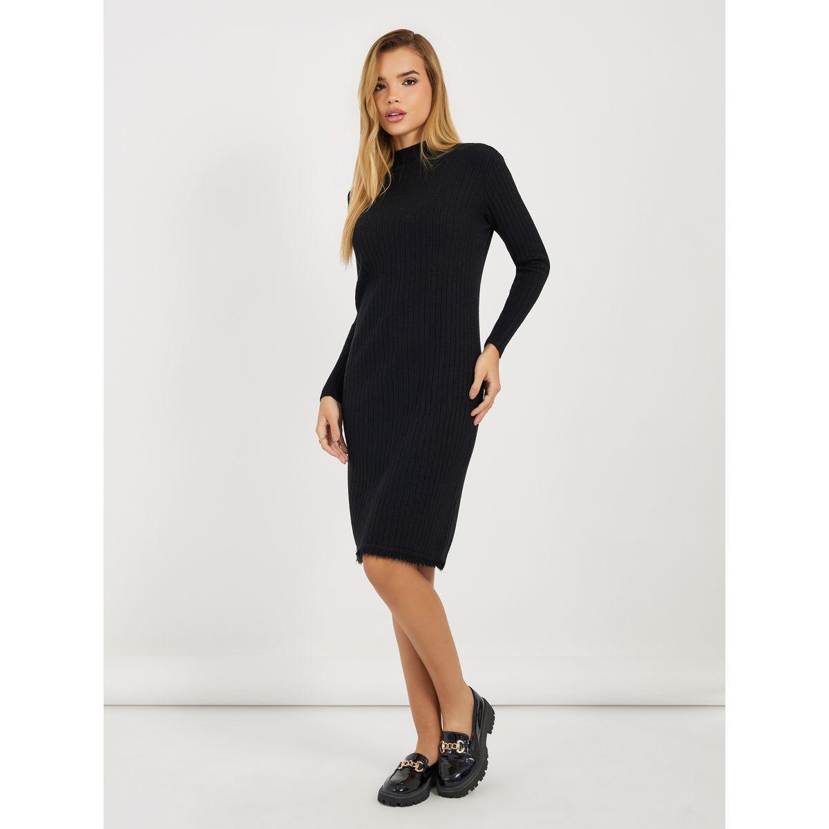 فستان سادة بطول الركبة وتفاصيل مضلعة-women-clothing-dresses-image-5