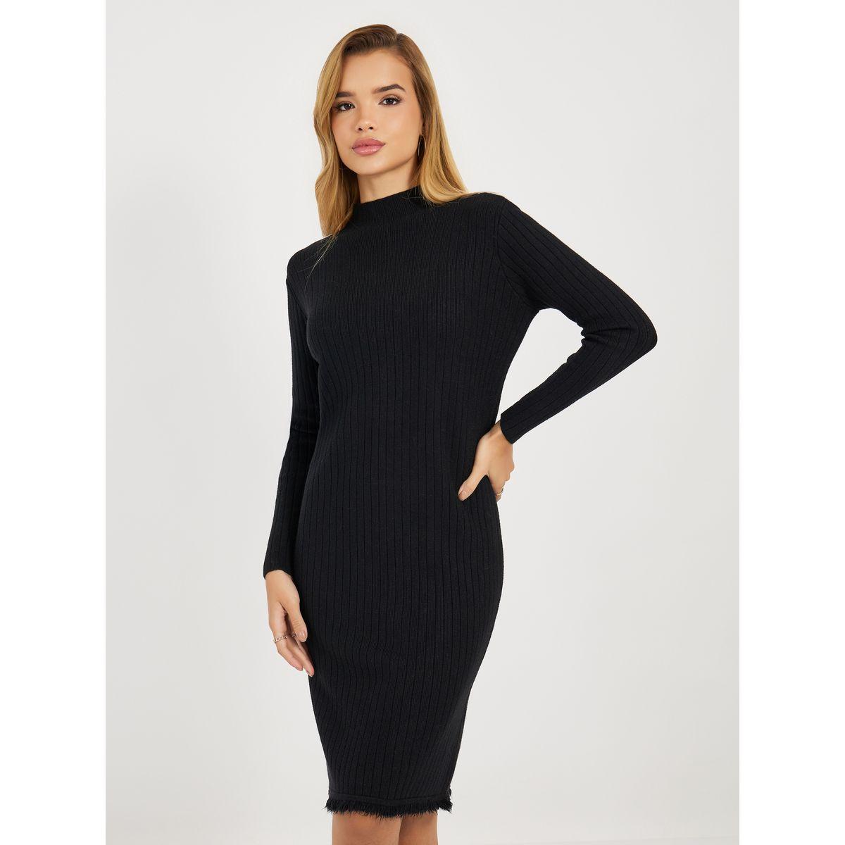 فستان سادة بطول الركبة وتفاصيل مضلعة-women-clothing-dresses-image-6