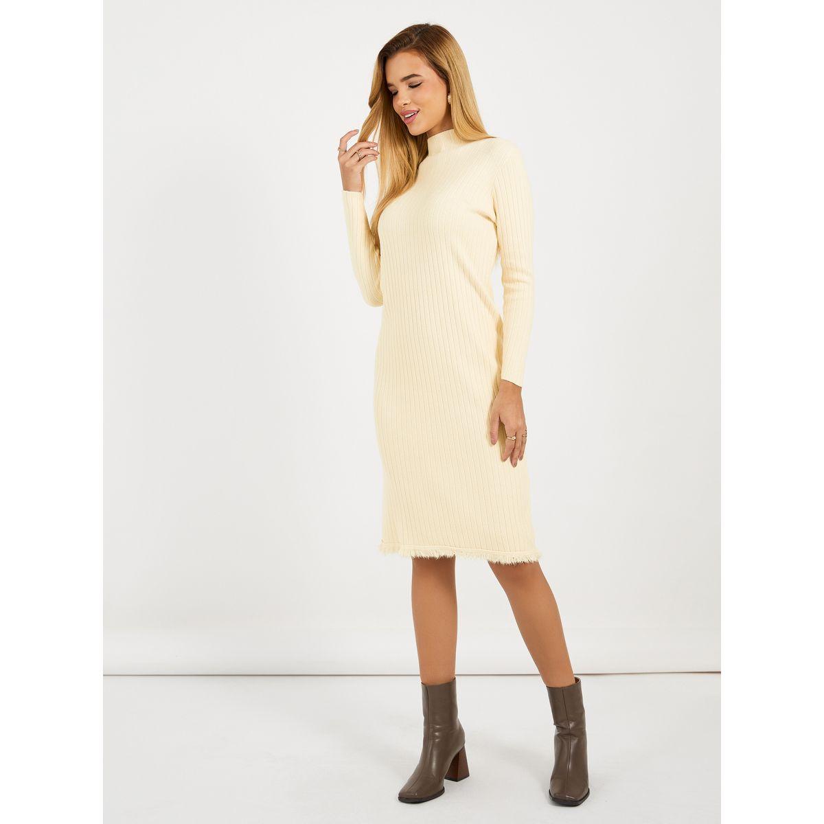 فستان سادة بطول الركبة وتفاصيل مضلعة-women-clothing-dresses-image-5