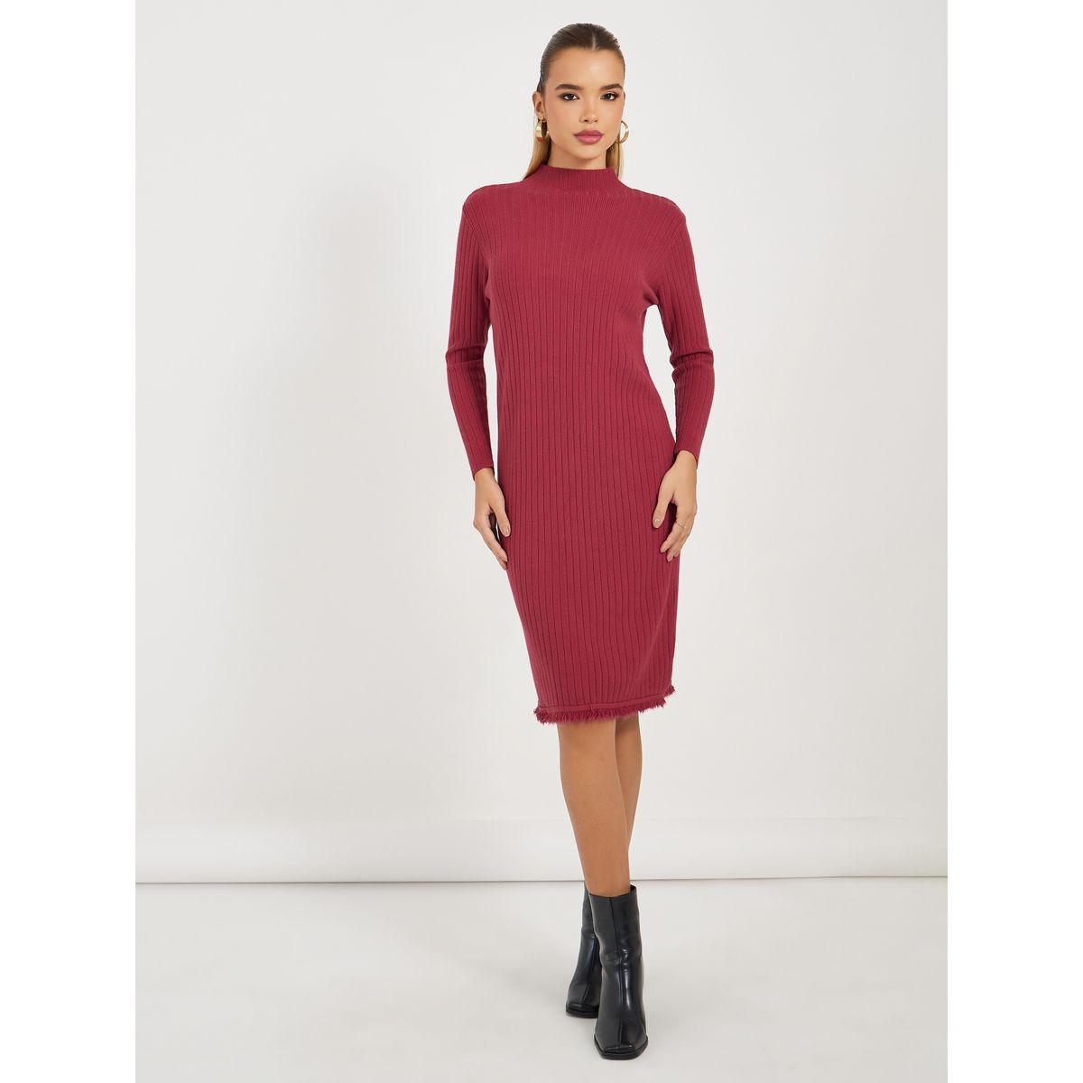 Styli Frayed Edge Knitted Sweater Knee Length Dress-women-clothing-dresses-image-1