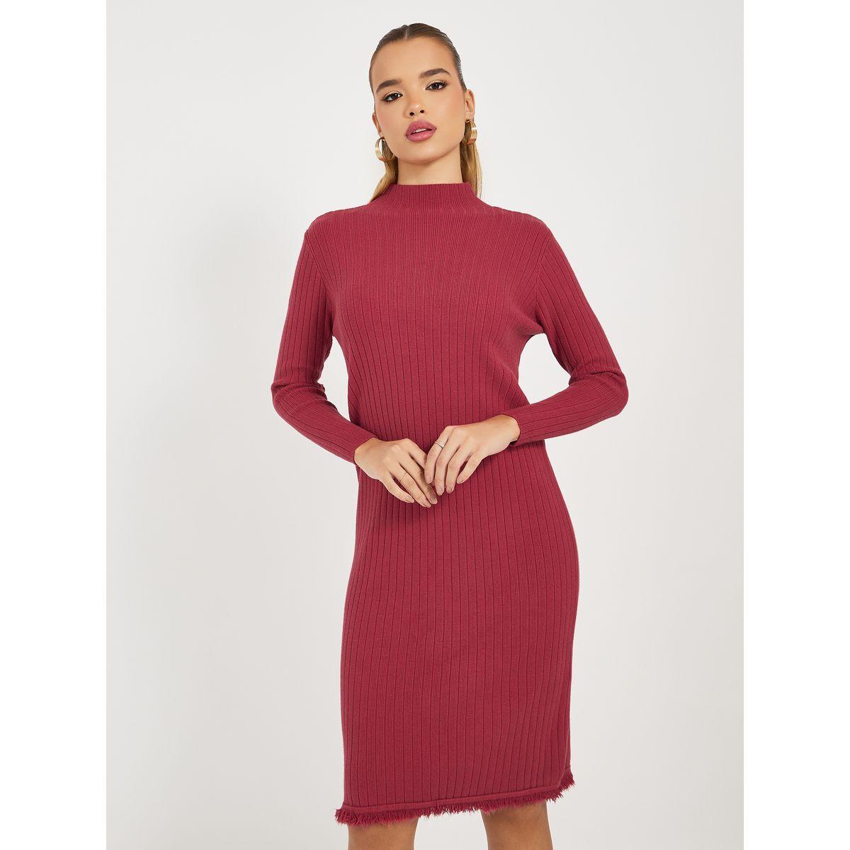 فستان سادة بطول الركبة مع تفاصيل مضلعة-women-clothing-dresses-image-2