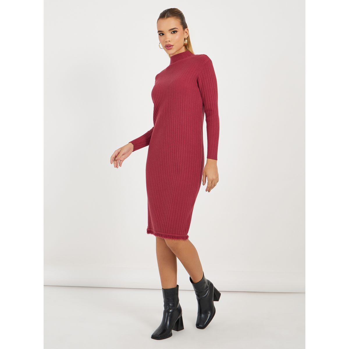 فستان سادة بطول الركبة مع تفاصيل مضلعة-women-clothing-dresses-image-5