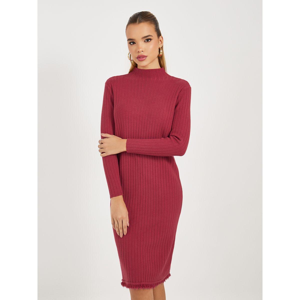 Styli Frayed Edge Knitted Sweater Knee Length Dress-women-clothing-dresses-image-6