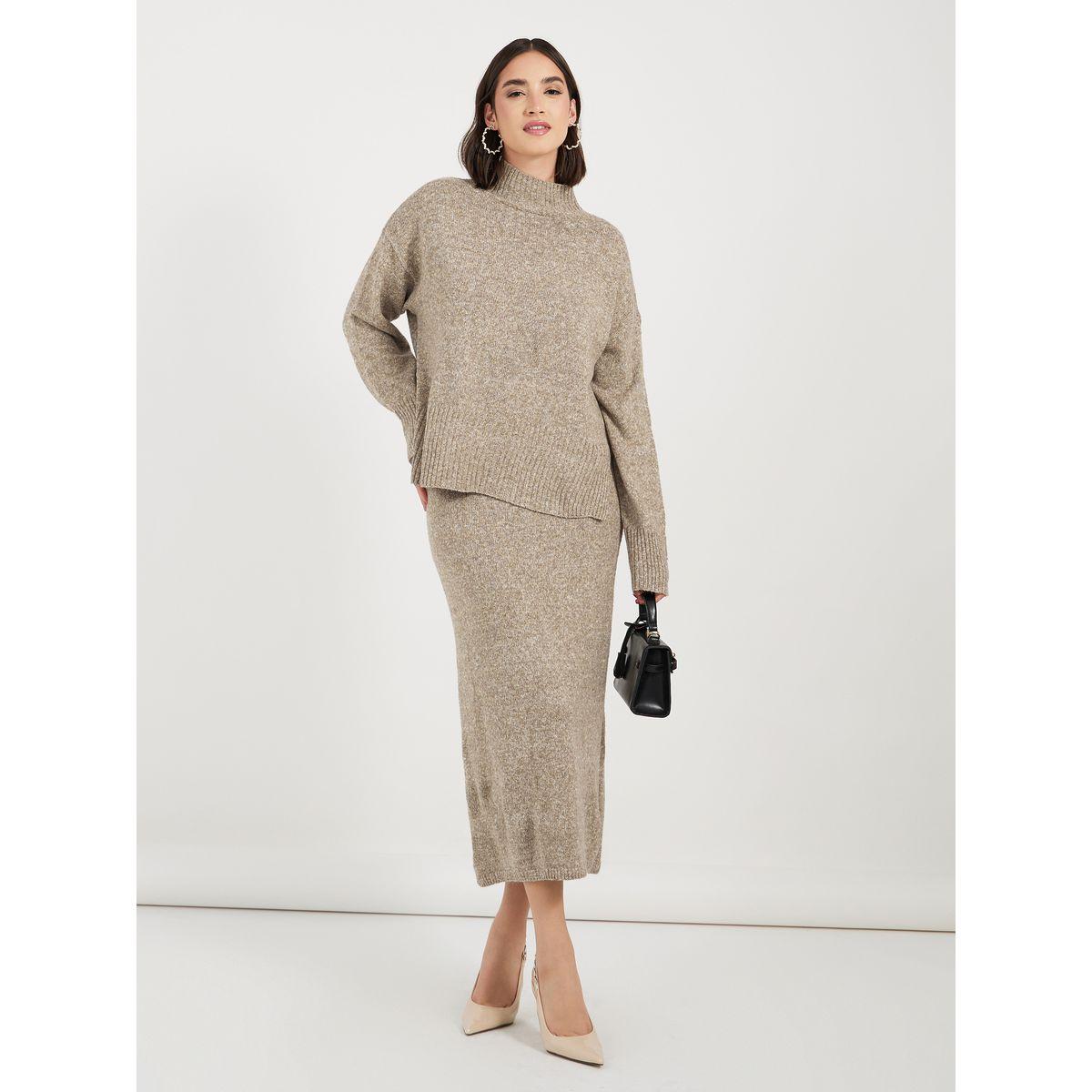 طقم منسق من تنورة ميدي وسويتر محبوك بقصة مريحة-women-clothing-coordsets-image-1