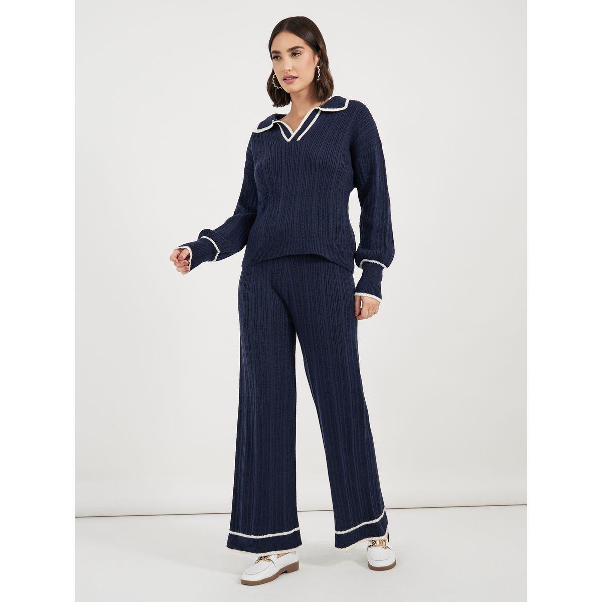 طقم منسق من بنطال بأرجل واسعة وسويتر بتفاصيل مُتباينة-women-clothing-coordsets-image-1