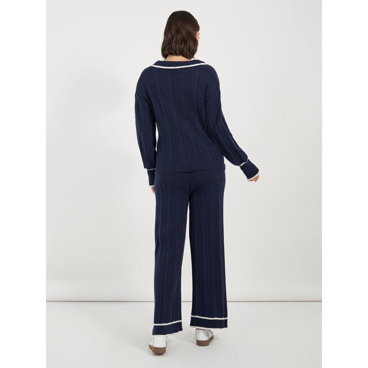 Styli Contrast Piping Detail Knitted Sweater & Wide Leg Pants Co-Ords-women-clothing-coordsets-image-5