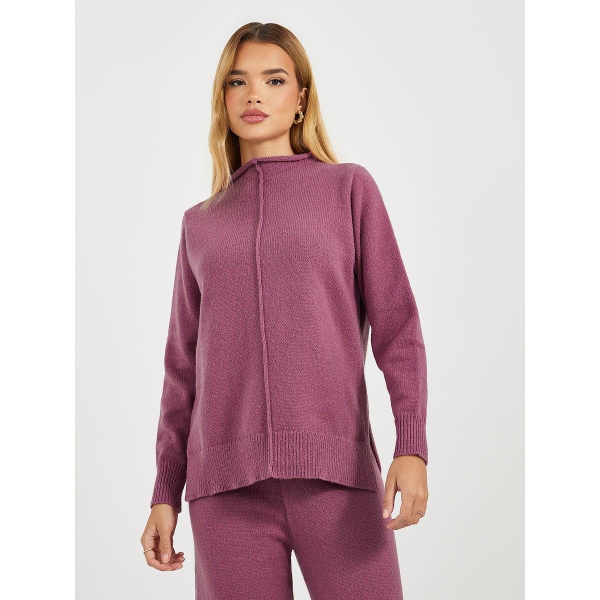 طقم منسق من بنطال وسويتر سادة بياقة دائرية-women-clothing-coordsets-image-2