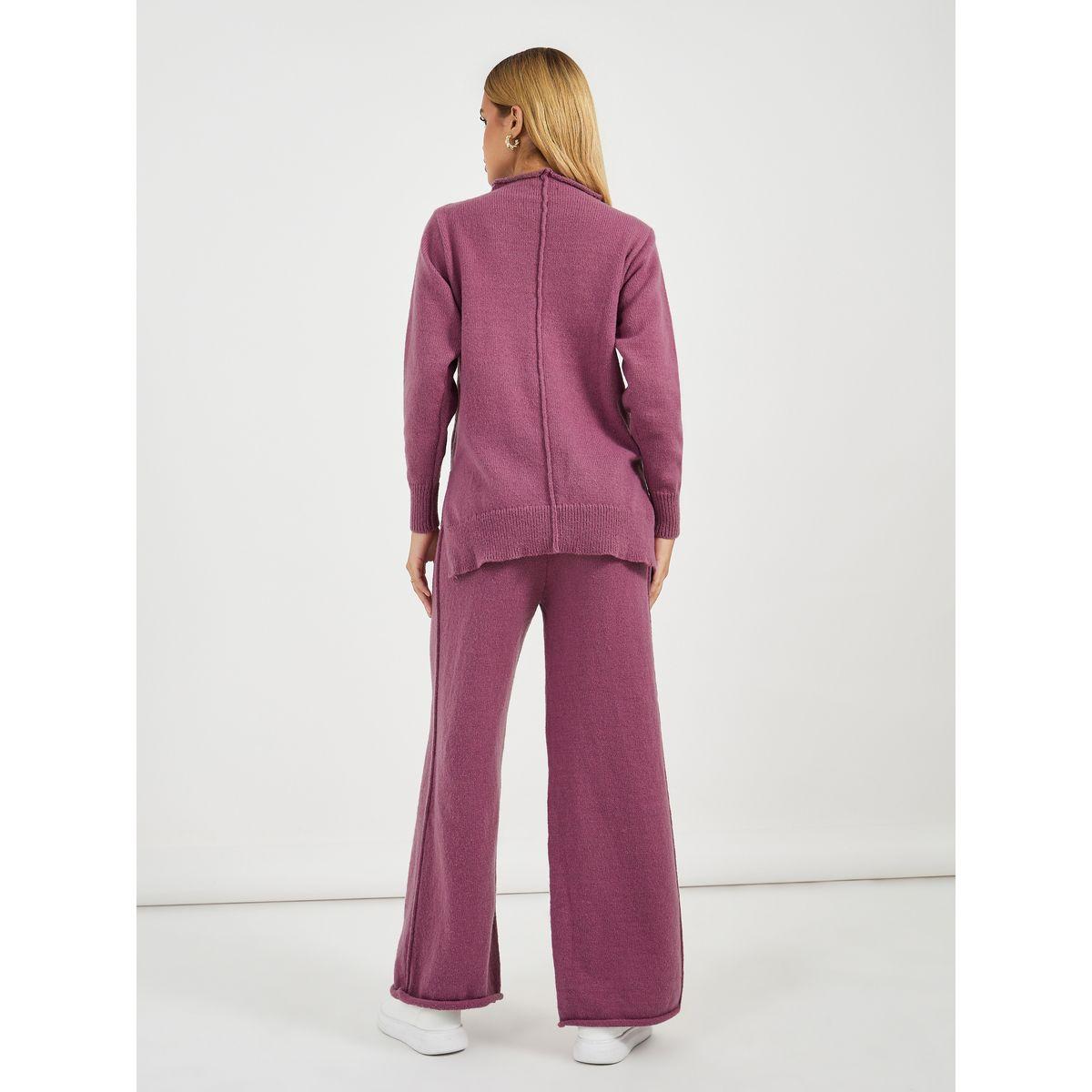 طقم منسق من بنطال وسويتر سادة بياقة دائرية-women-clothing-coordsets-image-5