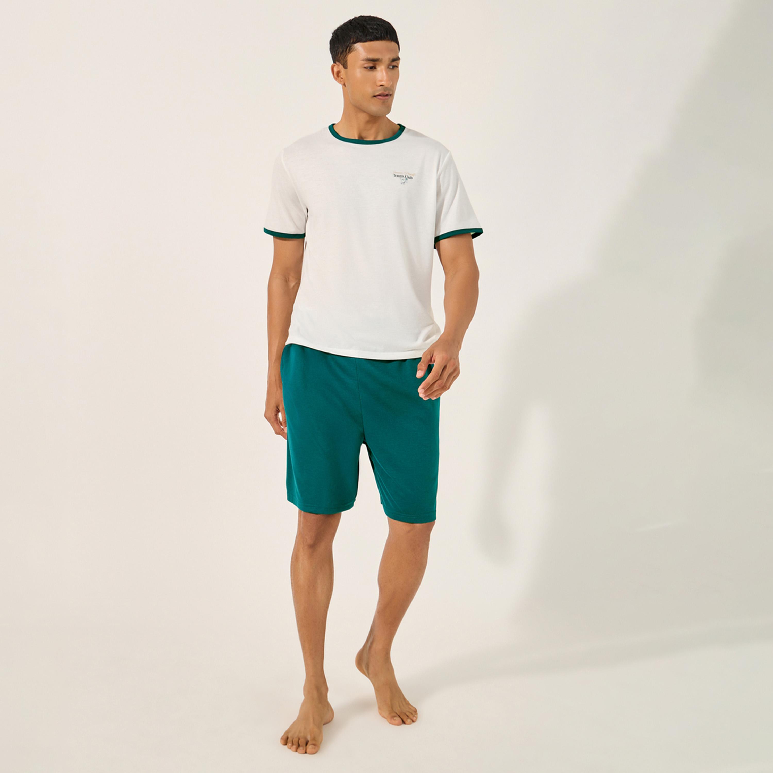Styli Slogan Print Round Neck T-Shirt and Shorts Pyjama Set-men-clothing-nightwear-sets-image-1
