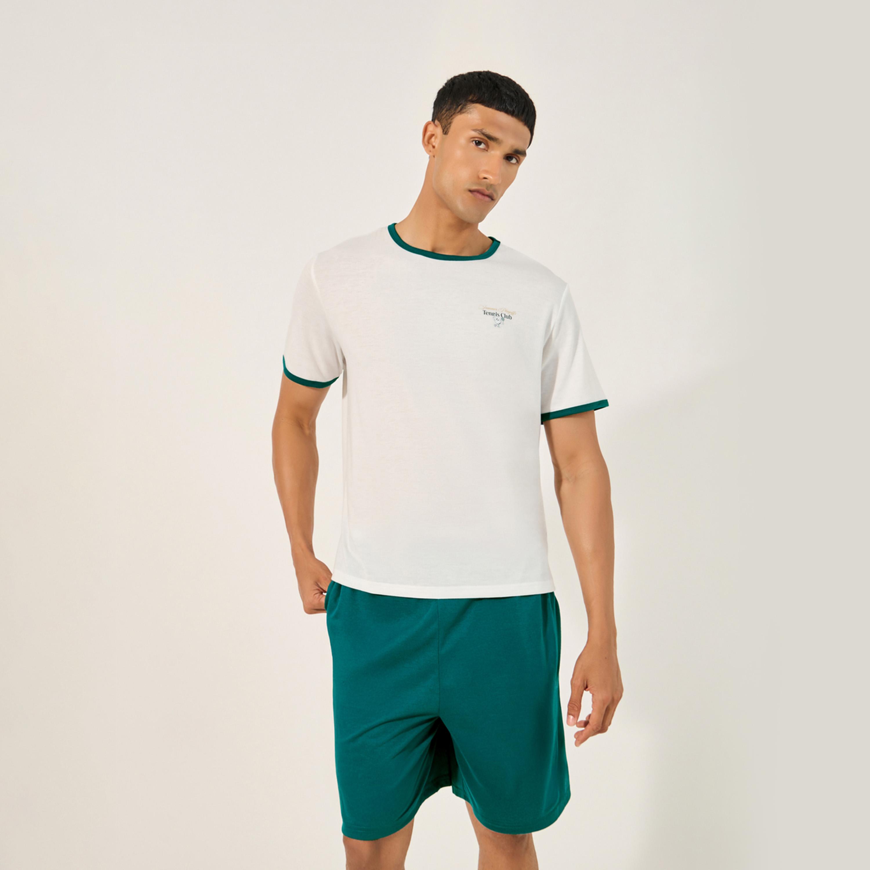 Styli Slogan Print Round Neck T-Shirt and Shorts Pyjama Set-men-clothing-nightwear-sets-image-2