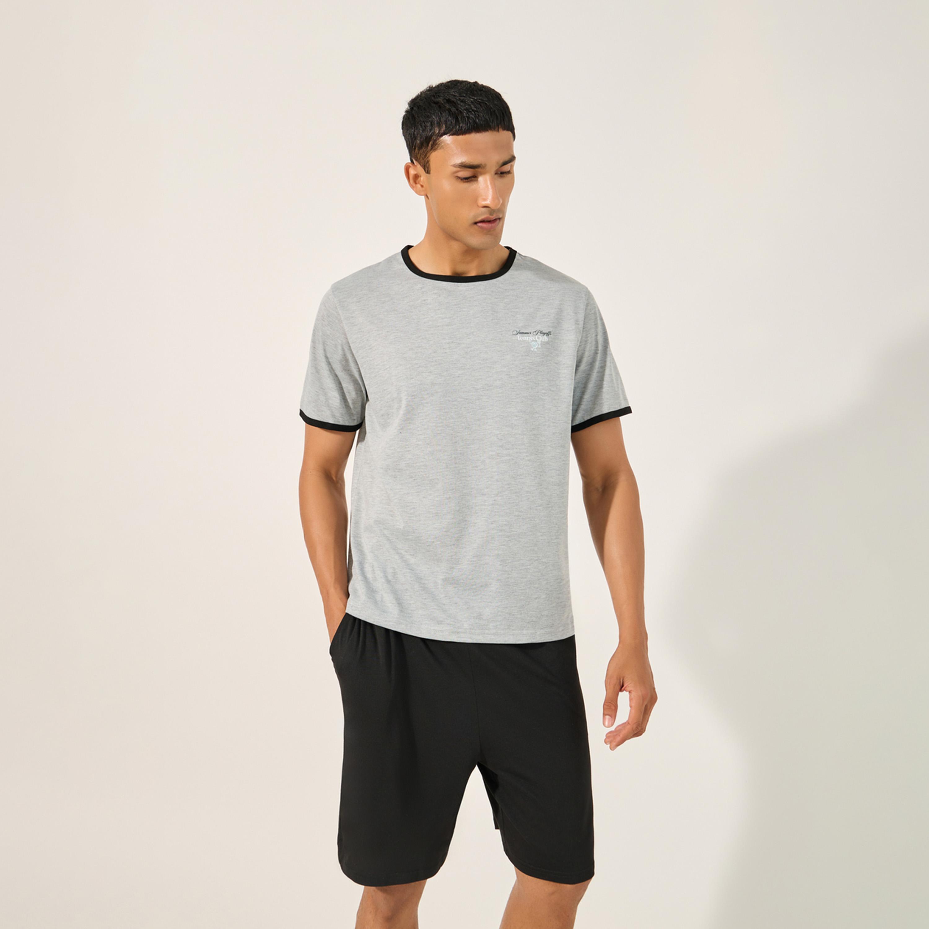 Styli Slogan Print Round Neck T-Shirt and Shorts Pyjama Set-men-clothing-nightwear-sets-image-2