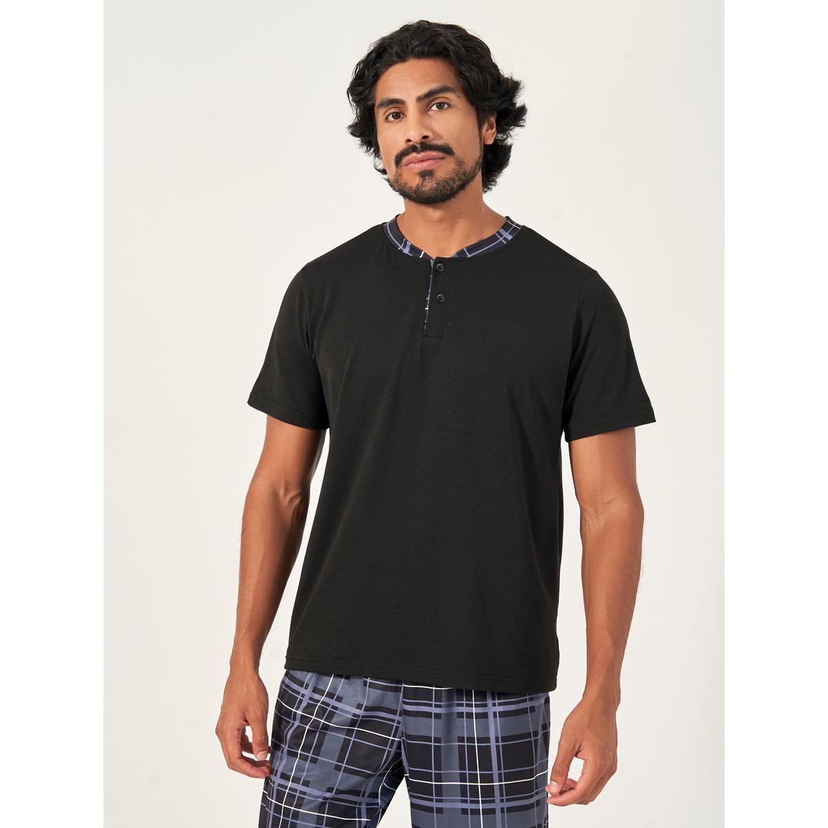 Styli Unwind Contrast Placket Henley Neck T-Shirt & Checkered Pyjama Set-men-clothing-nightwear-sets-image-2