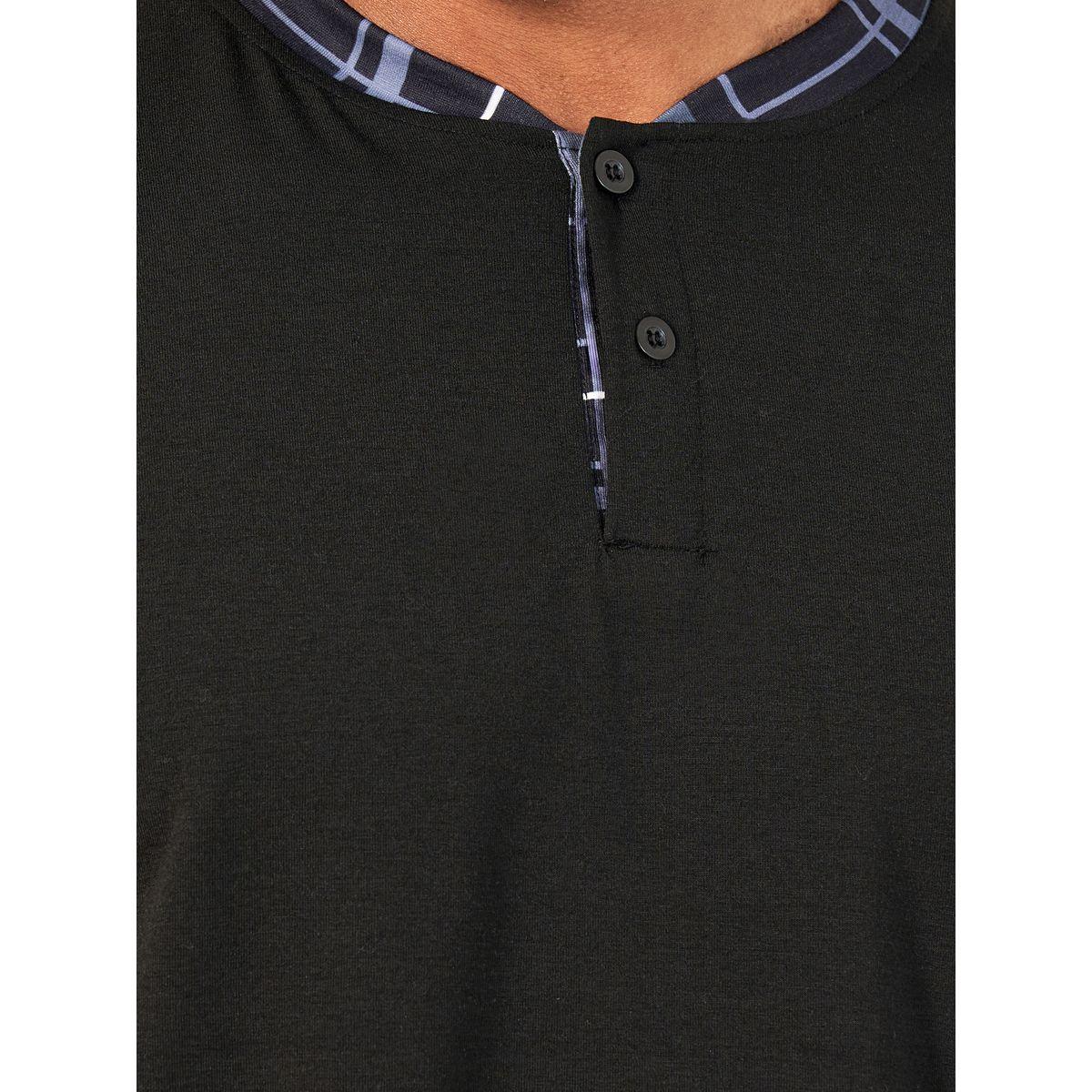 Styli Unwind Contrast Placket Henley Neck T-Shirt & Checkered Pyjama Set-men-clothing-nightwear-sets-image-3