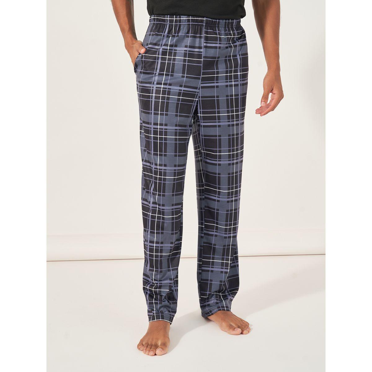 Styli Unwind Contrast Placket Henley Neck T-Shirt & Checkered Pyjama Set-men-clothing-nightwear-sets-image-4