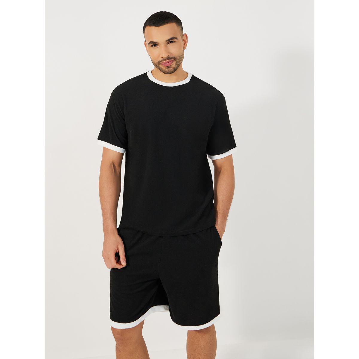 Styli Unwind Towel Knit T-Shirt & Contrast Trim Shorts Set-men-clothing-nightwear-sets-image-2