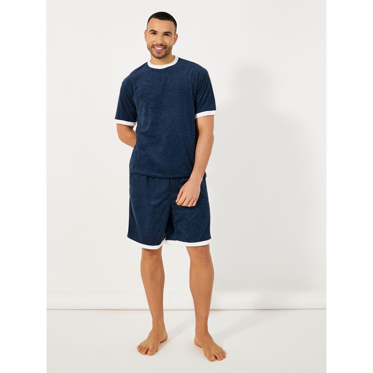 Styli Unwind Towel Knit T-Shirt & Contrast Trim Shorts Set-men-clothing-nightwear-sets-image-1