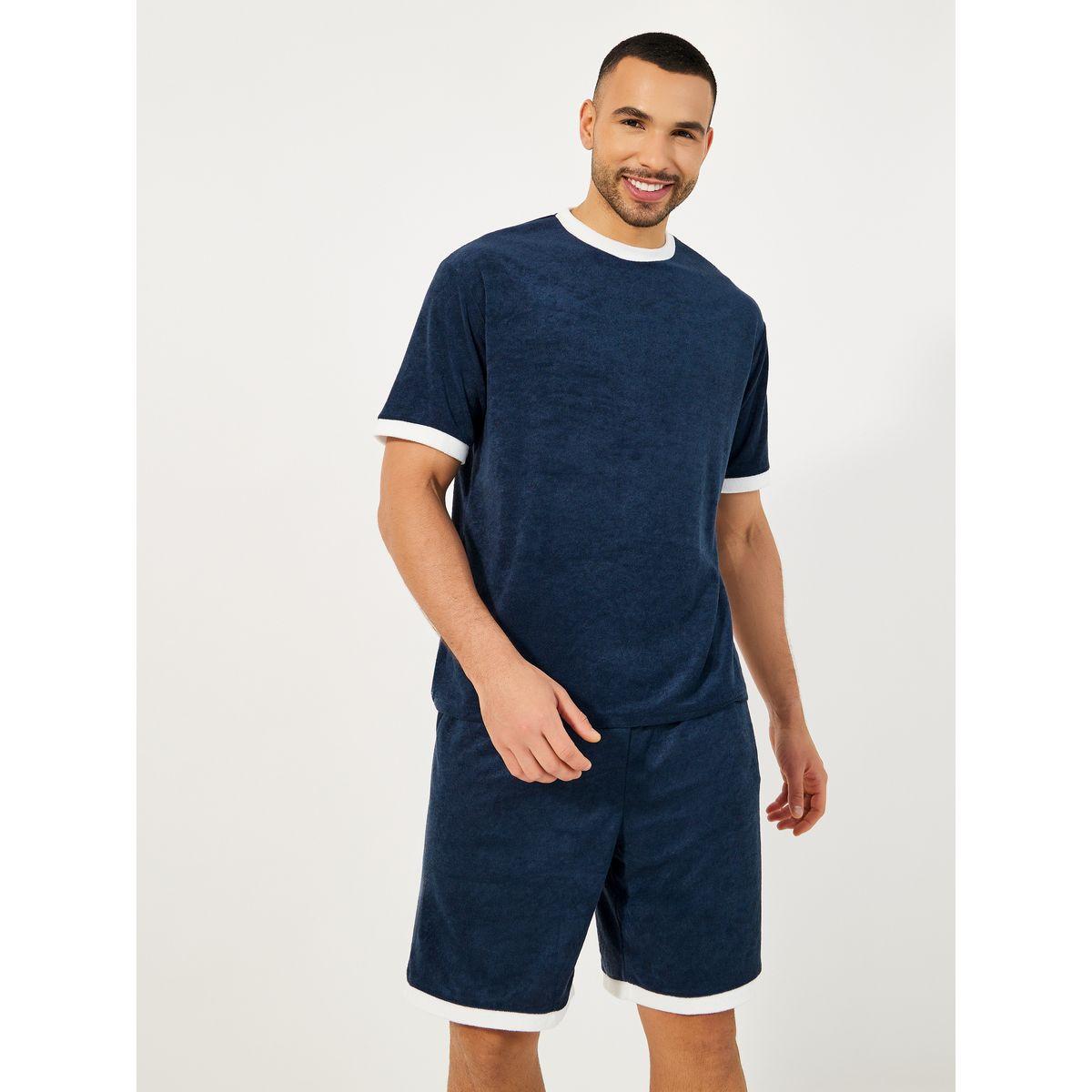 Styli Unwind Towel Knit T-Shirt & Contrast Trim Shorts Set-men-clothing-nightwear-sets-image-2