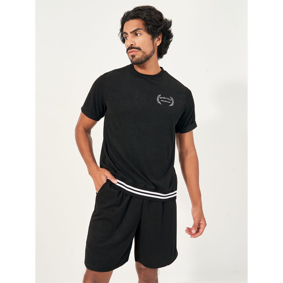 Styli Unwind Towel Knit Minimal Print T-Shirt & Shorts Set-men-clothing-nightwear-sets-image-2