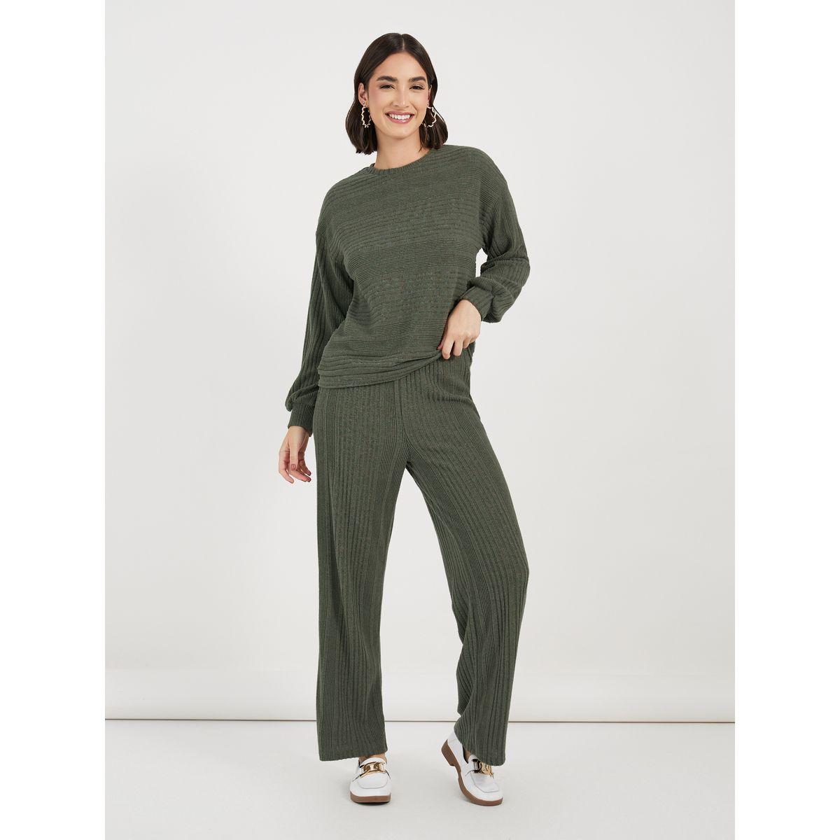 Styli Ribbed Knit Long Sleeves Top & Wide Leg Pants Co-Ords-women-clothing-coordsets-image-2