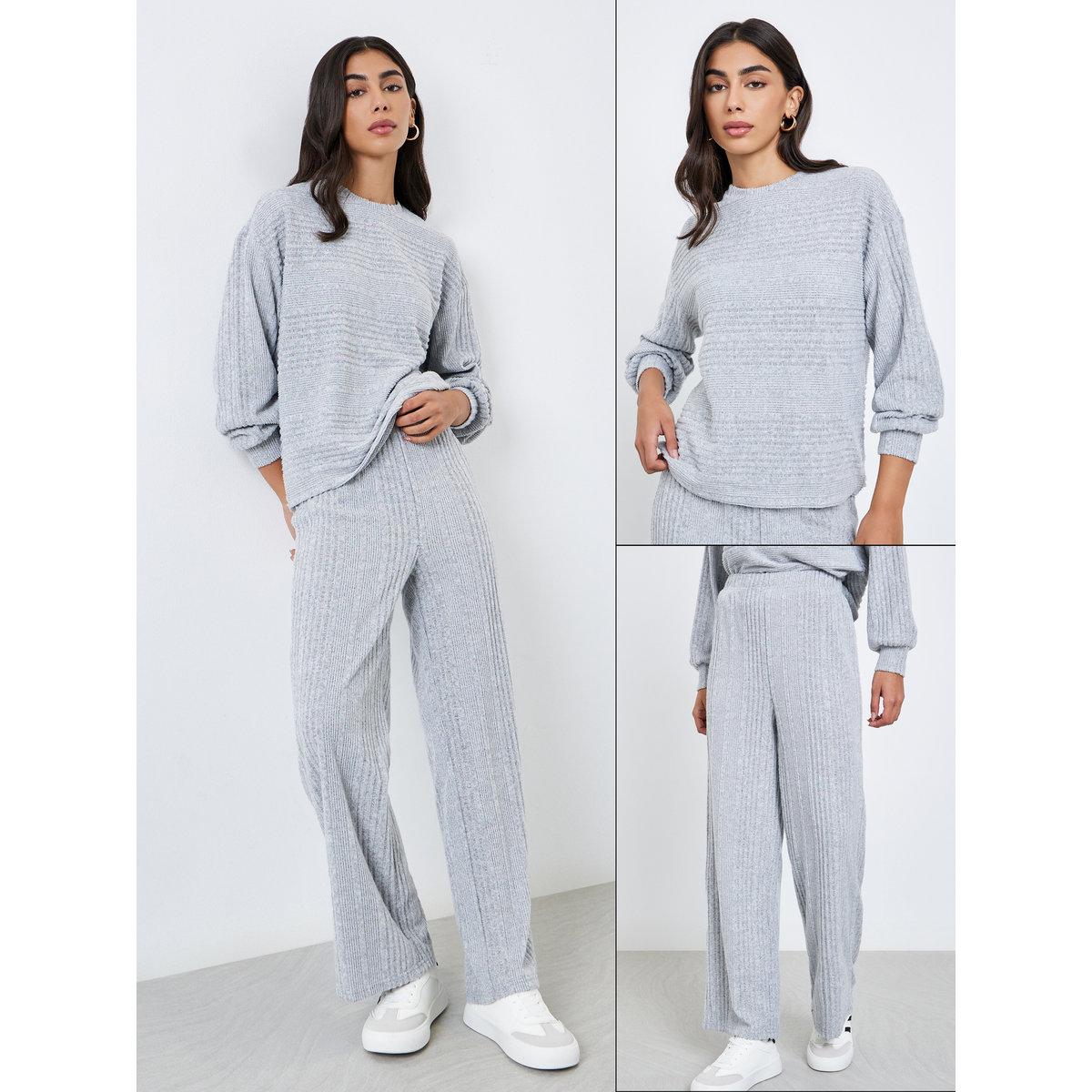 Styli Ribbed Knit Top and Wide Leg Pants Co-Ords-women-clothing-coordsets-image-1