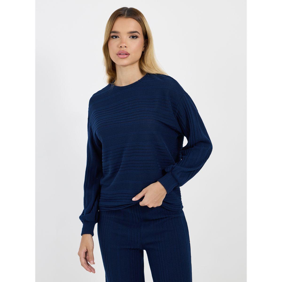طقم منسق من بنطال وبلوزة مضلعة بأكمام طويلة-women-clothing-coordsets-image-2