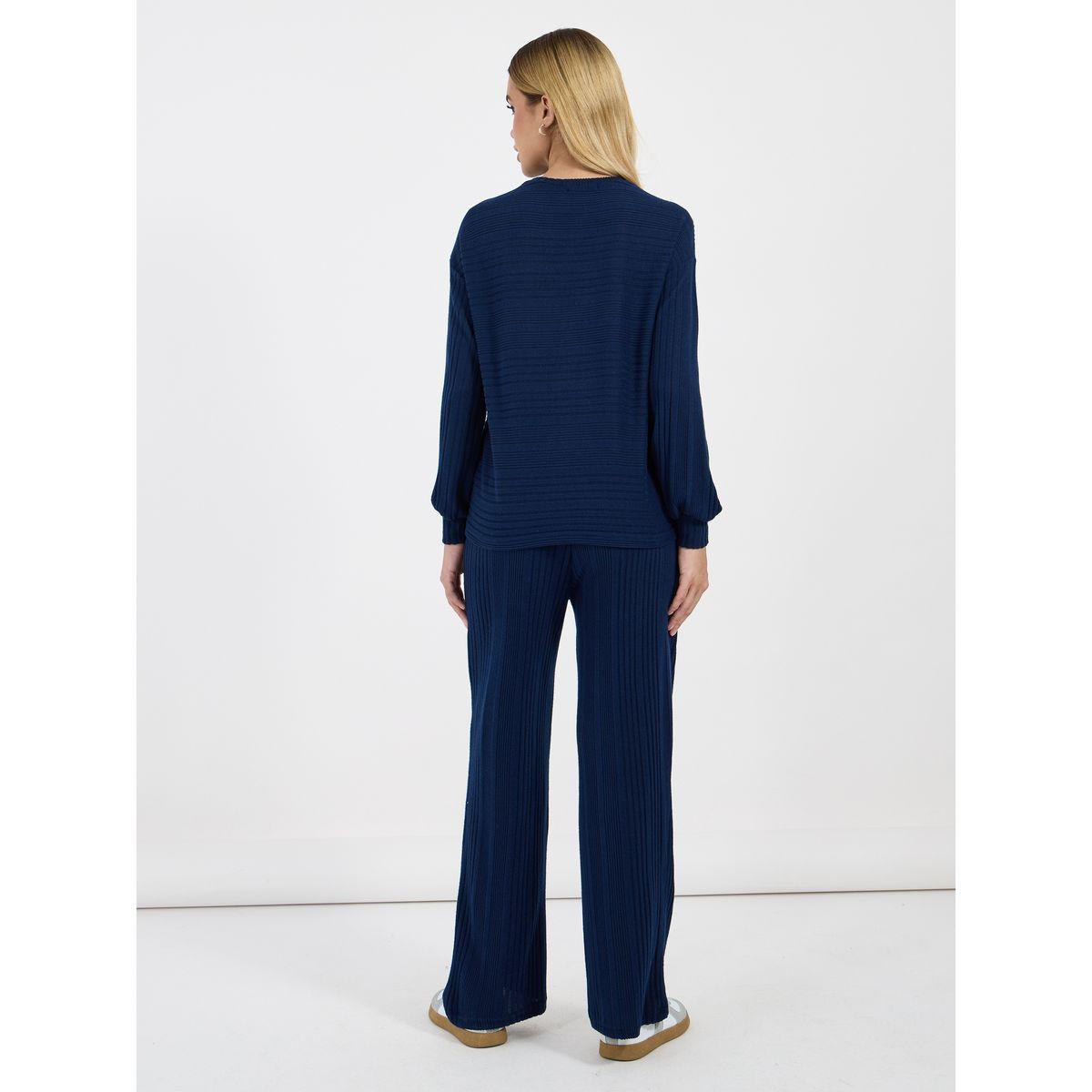 طقم منسق من بنطال وبلوزة مضلعة بأكمام طويلة-women-clothing-coordsets-image-4
