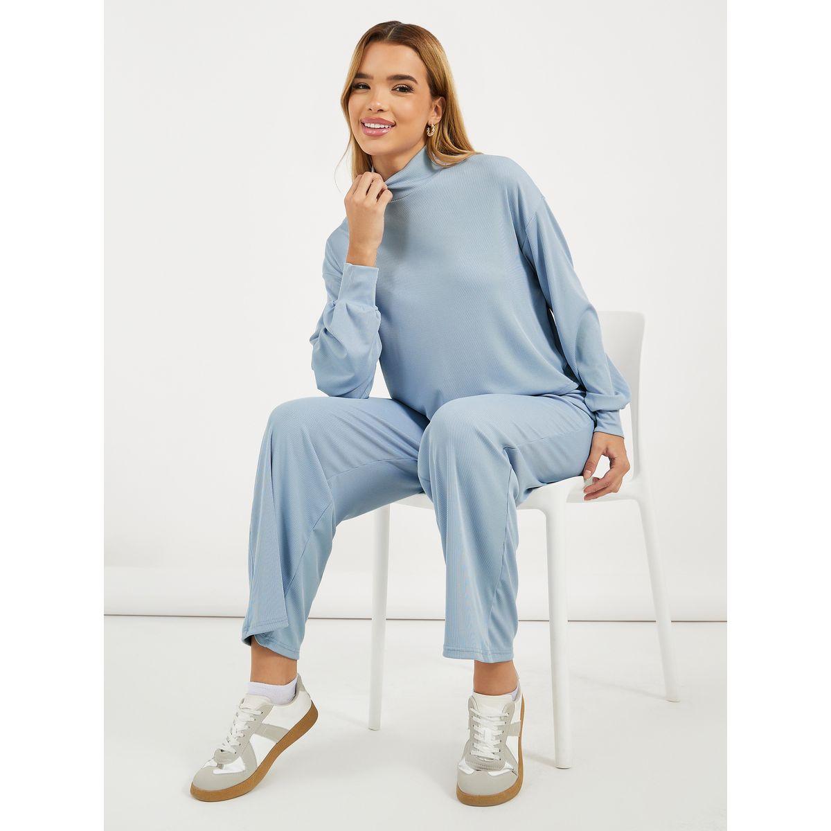 Styli Ribbed Knit High Neck Top & Pants Co-Ords-women-clothing-coordsets-image-1