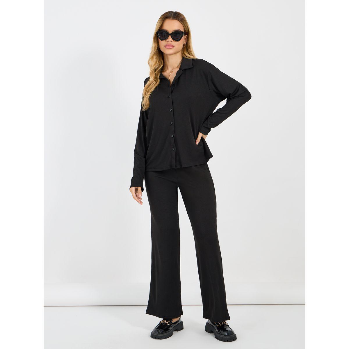 طقم منسق من بنطال وبلوزة مضلعة بقصة مريحة-women-clothing-coordsets-image-1