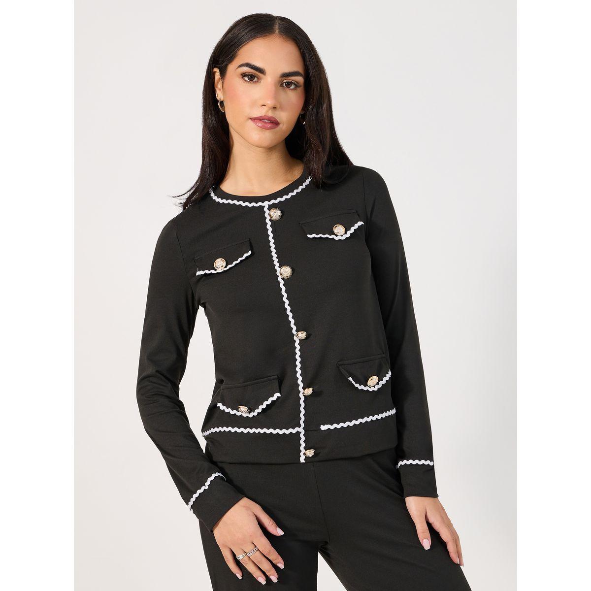 طقم منسق من بنطال وبلوزة محبوكة بتفاصيل مدروزة-women-clothing-coordsets-image-2