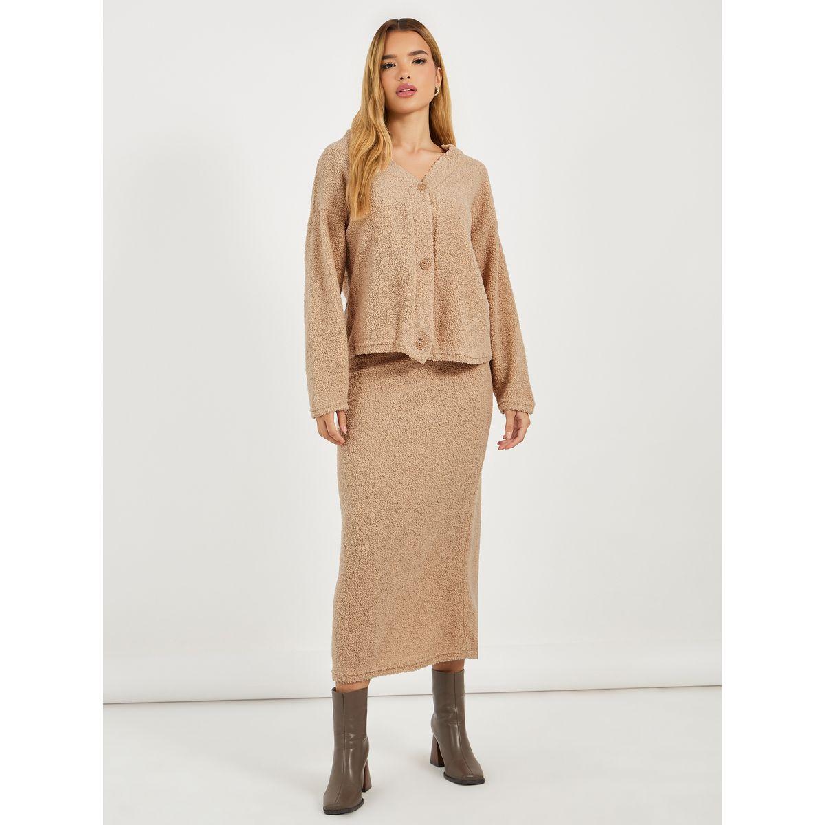 Styli Fur Texture V Neck Top with Buttons & Skirt Co-Ords Set-women-clothing-coordsets-image-1