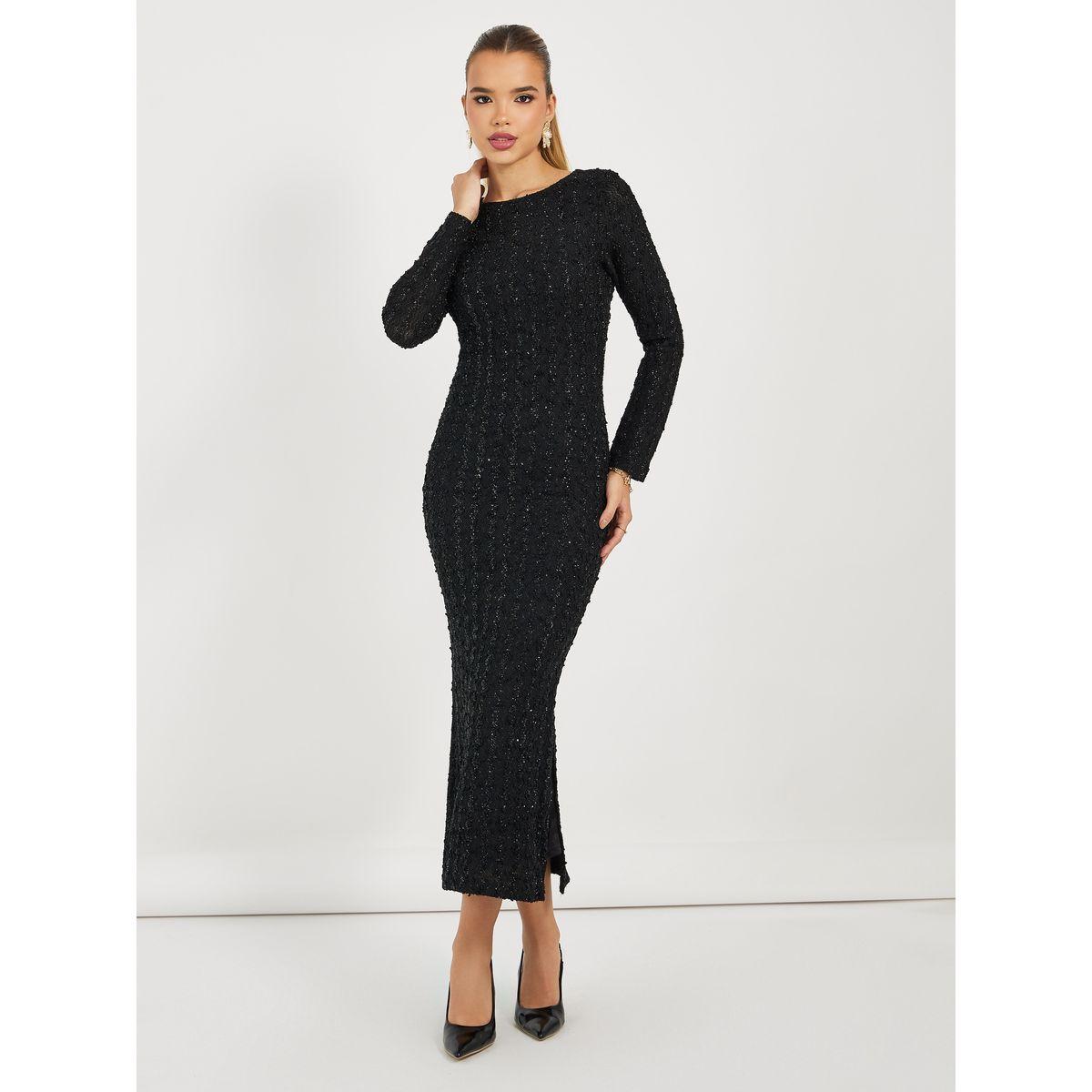 Styli Textured Lurex Bodycon Maxi Dress with Side Slit-women-clothing-dresses-image-1