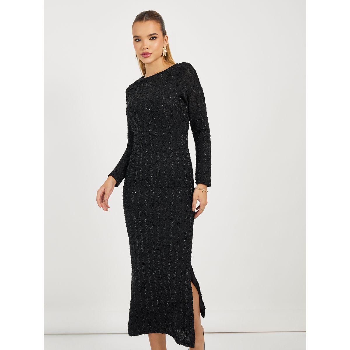 Styli Textured Lurex Bodycon Maxi Dress with Side Slit-women-clothing-dresses-image-2