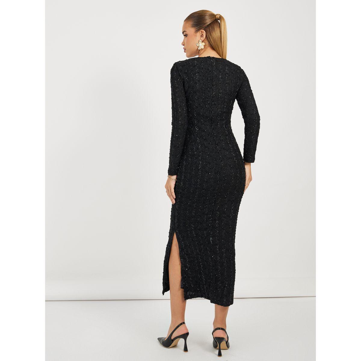 Styli Textured Lurex Bodycon Maxi Dress with Side Slit-women-clothing-dresses-image-4