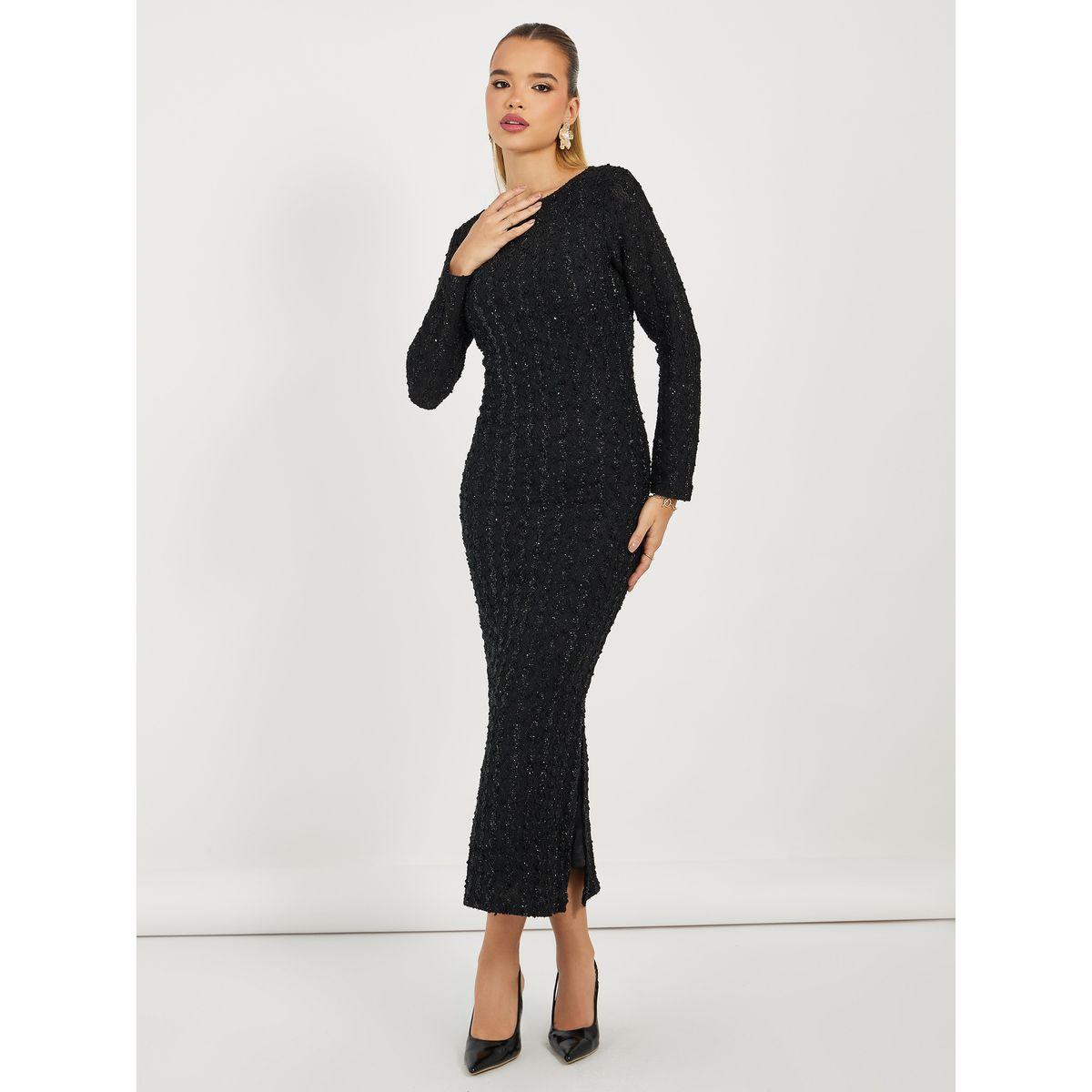 Styli Textured Lurex Bodycon Maxi Dress with Side Slit-women-clothing-dresses-image-5